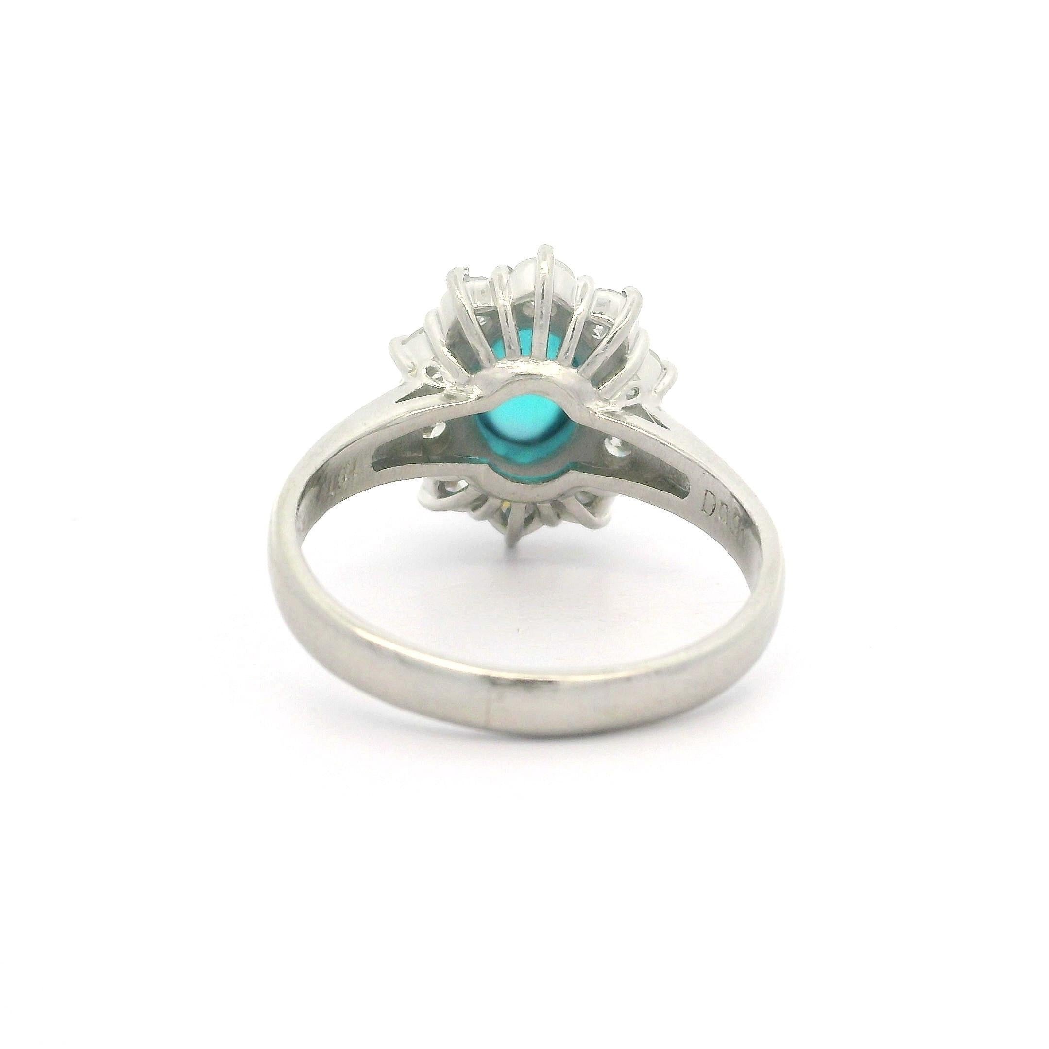Platinum GIA 2.87ctw Oval Cabochon Brazilian Paraiba Tourmaline & Diamond Ring For Sale 4
