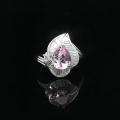Platinum GIA 2.8ctw Pear Cut Pink Topaz w/ Baguette Diamond Leaf Shape Ring