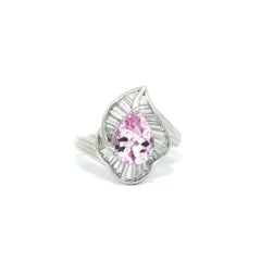 Platinum GIA 2.8ctw Pear Cut Pink Topaz w/ Baguette Diamond Leaf Shape Ring