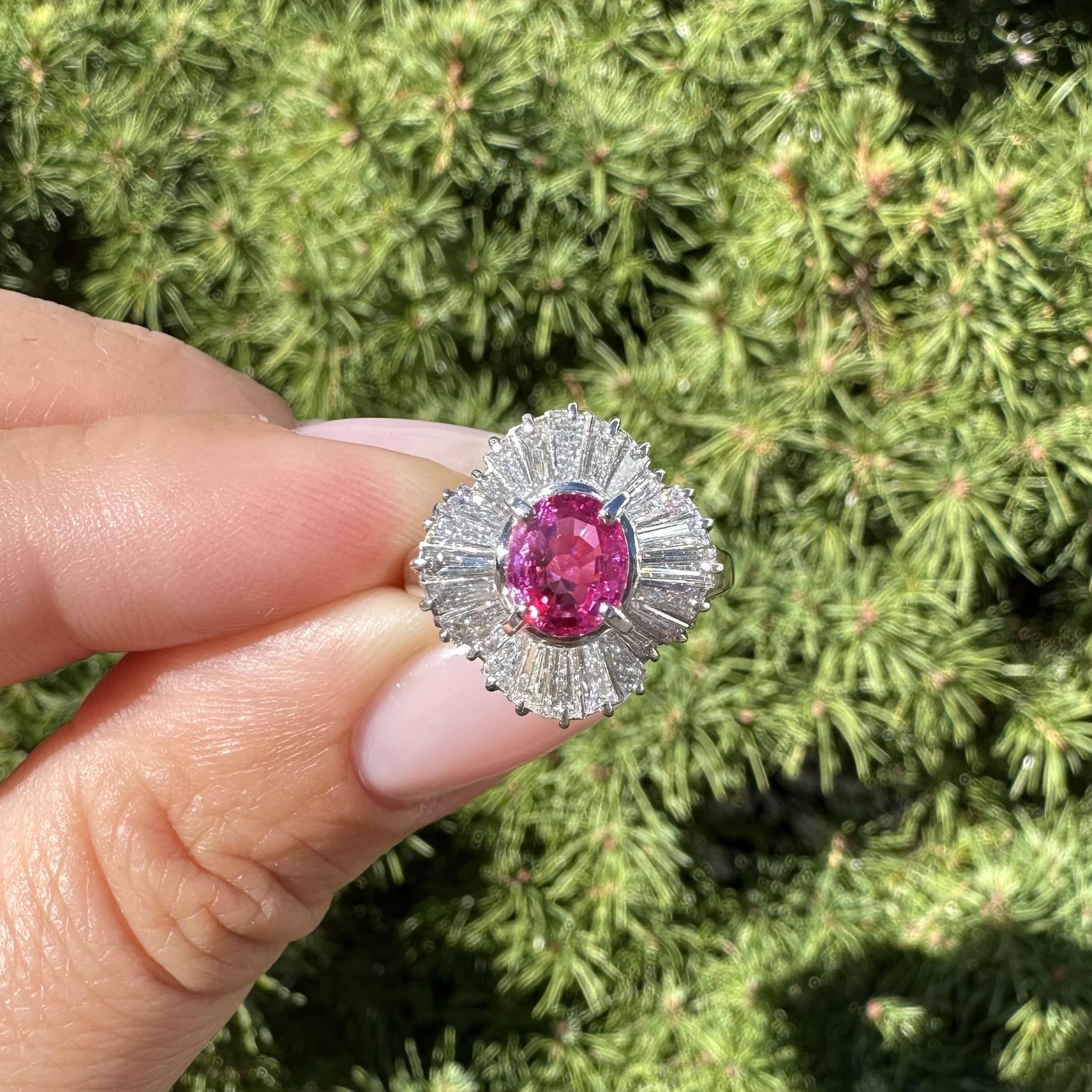 Platinum GIA 2.91ctw Burma Vivid Pink Sapphire Diamond Wavy Ballerina Ring For Sale 7