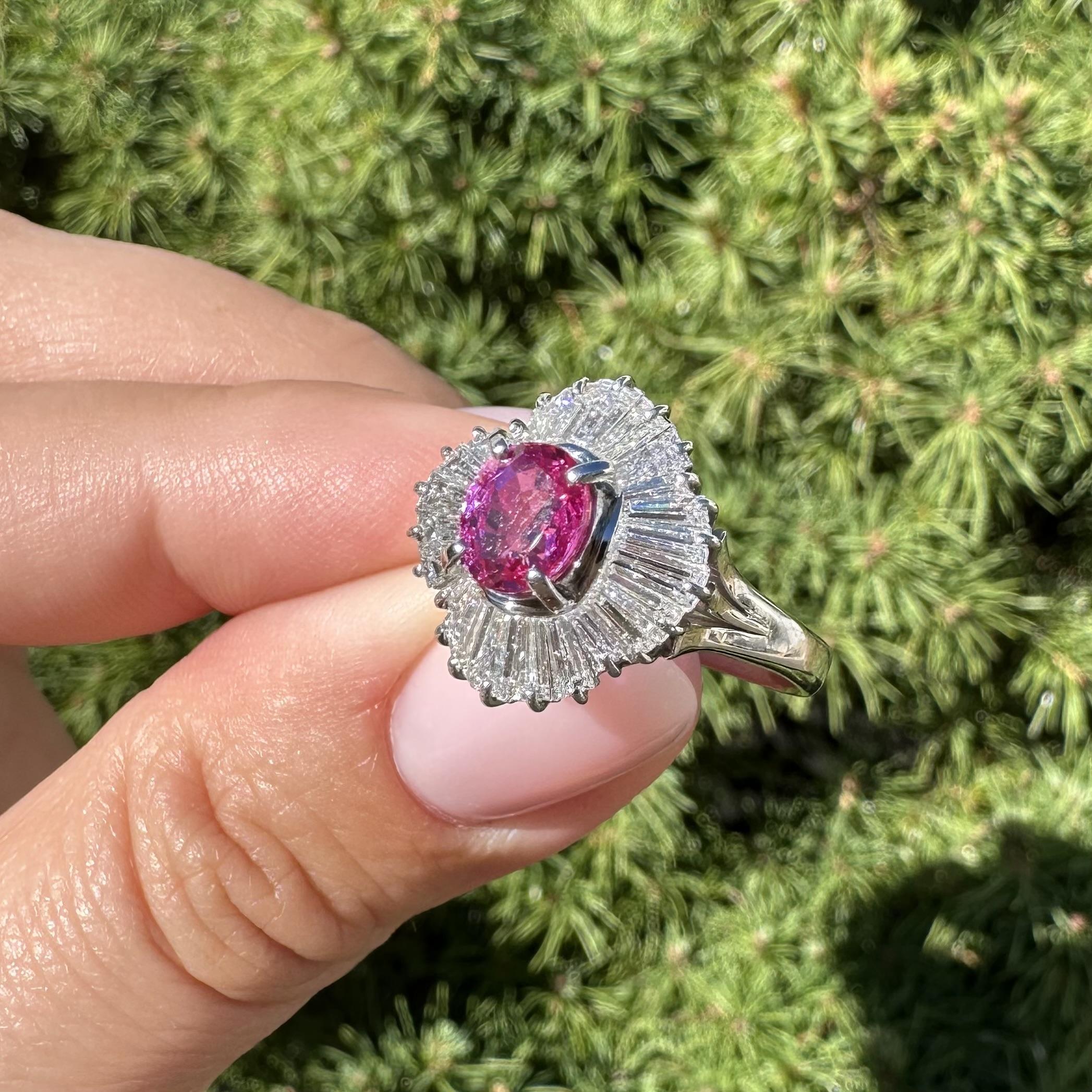 Platinum GIA 2.91ctw Burma Vivid Pink Sapphire Diamond Wavy Ballerina Ring For Sale 8