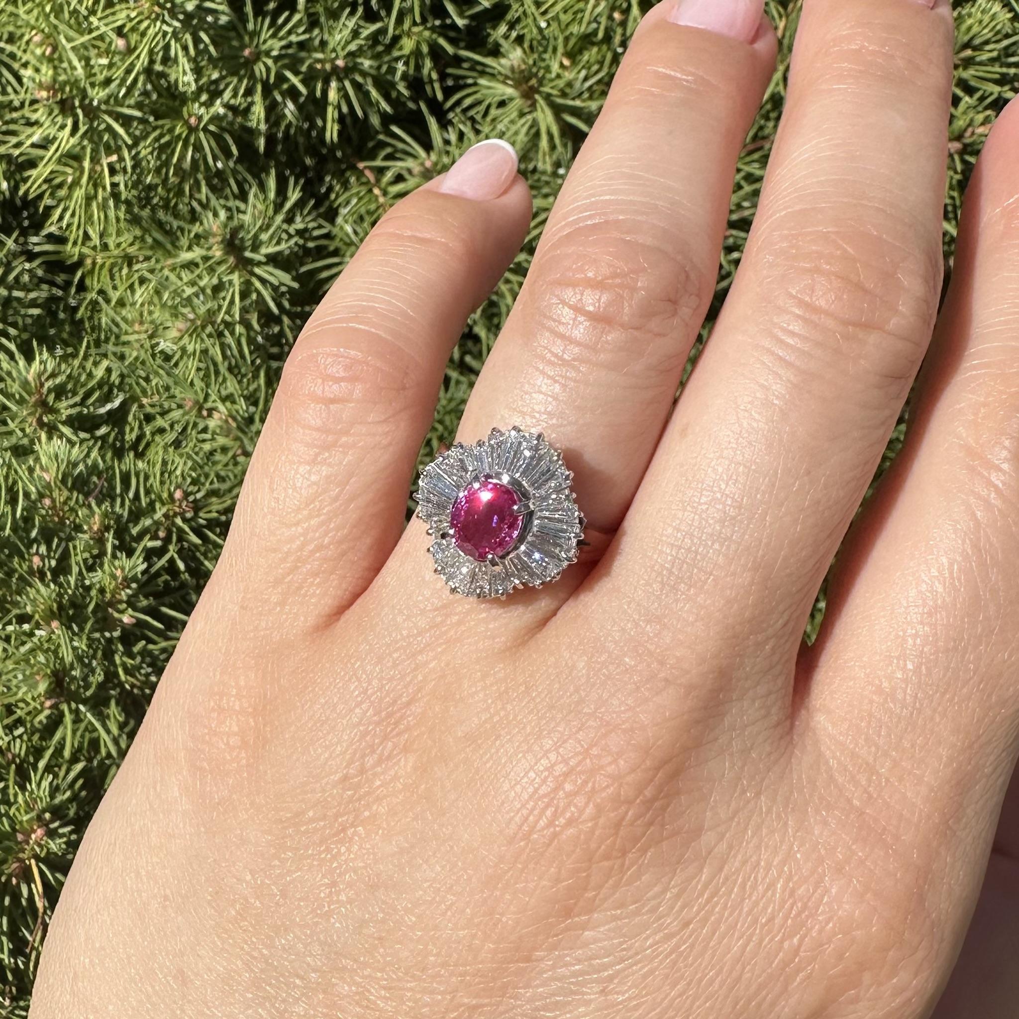 Platinum GIA 2.91ctw Burma Vivid Pink Sapphire Diamond Wavy Ballerina Ring For Sale 9