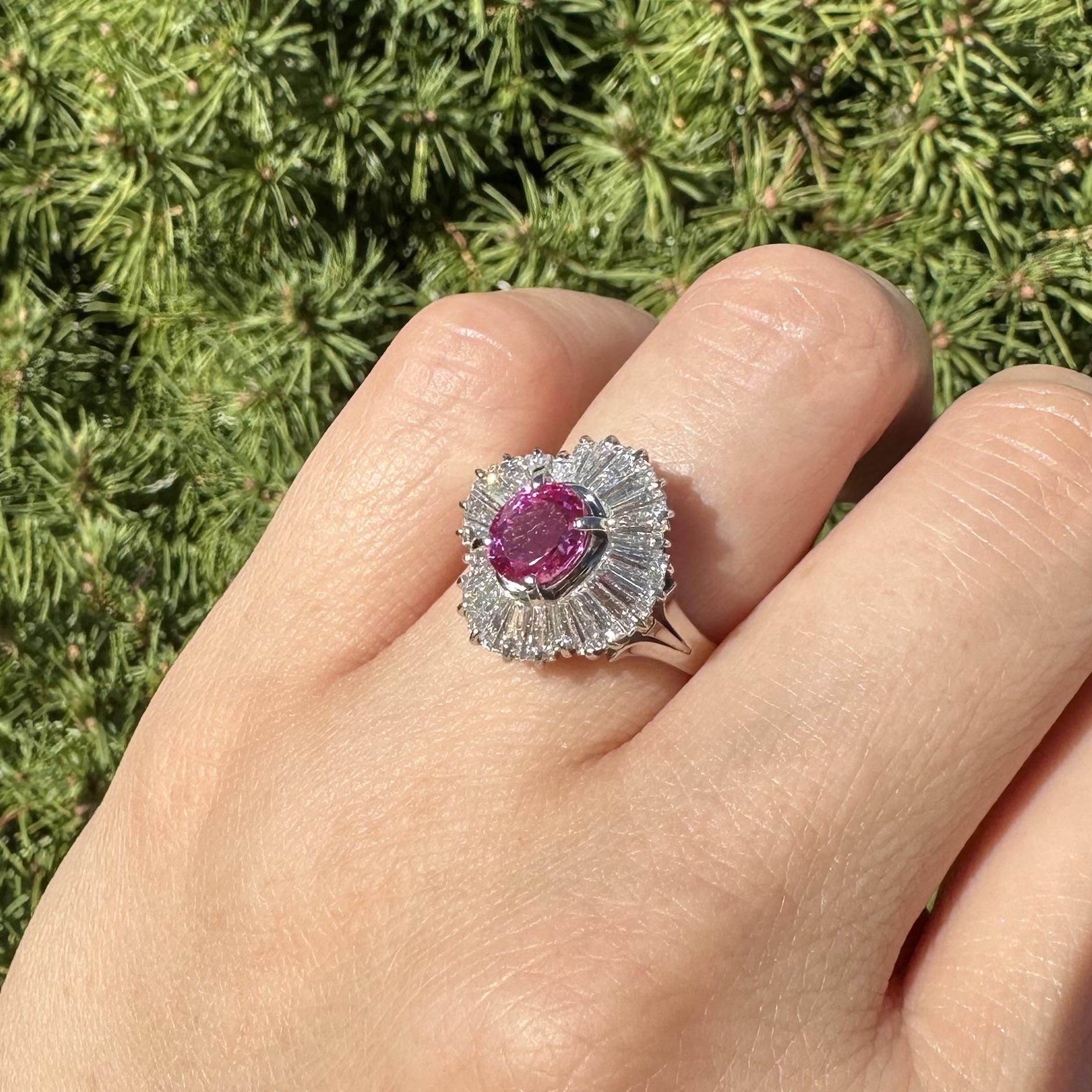 Platinum GIA 2.91ctw Burma Vivid Pink Sapphire Diamond Wavy Ballerina Ring For Sale 10