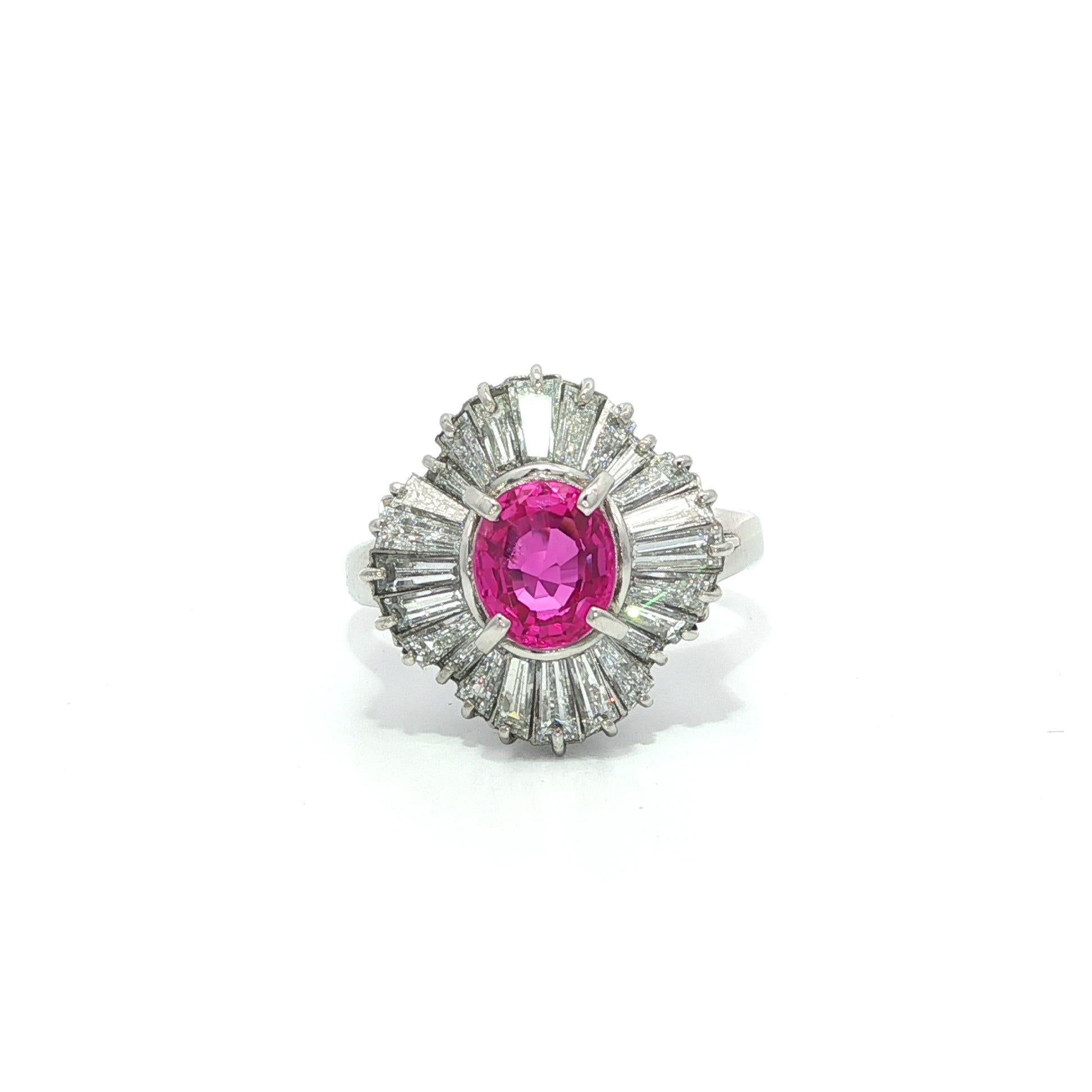 Platinum GIA 2.91ctw Burma Vivid Pink Sapphire Diamond Wavy Ballerina Ring For Sale 11