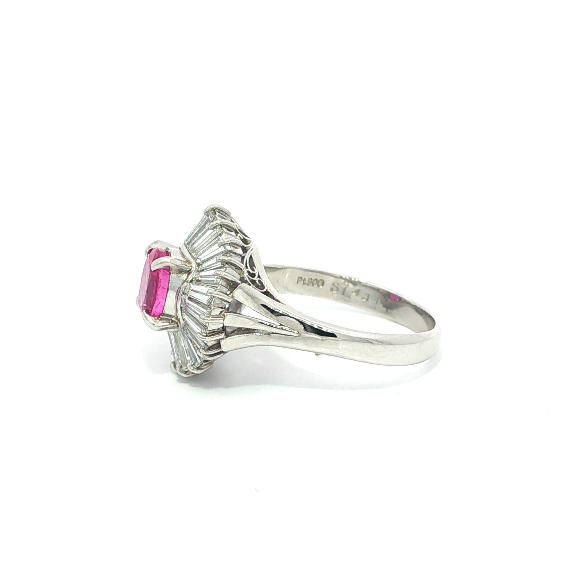 Oval Cut Platinum GIA 2.91ctw Burma Vivid Pink Sapphire Diamond Wavy Ballerina Ring For Sale