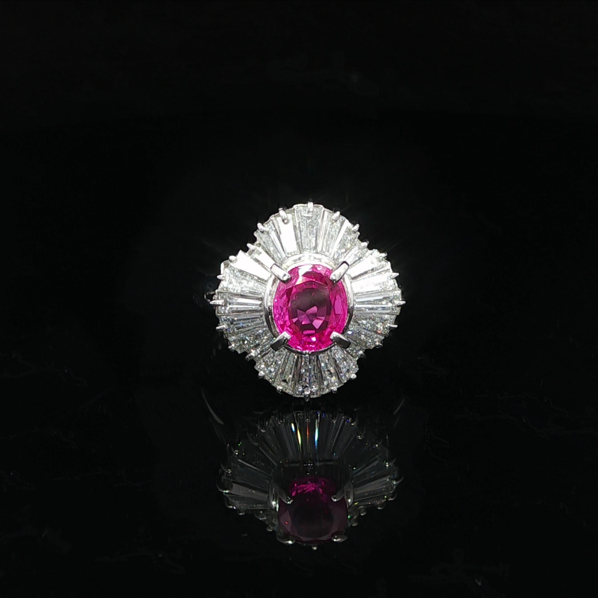Platinum GIA 2.91ctw Burma Vivid Pink Sapphire Diamond Wavy Ballerina Ring For Sale 3