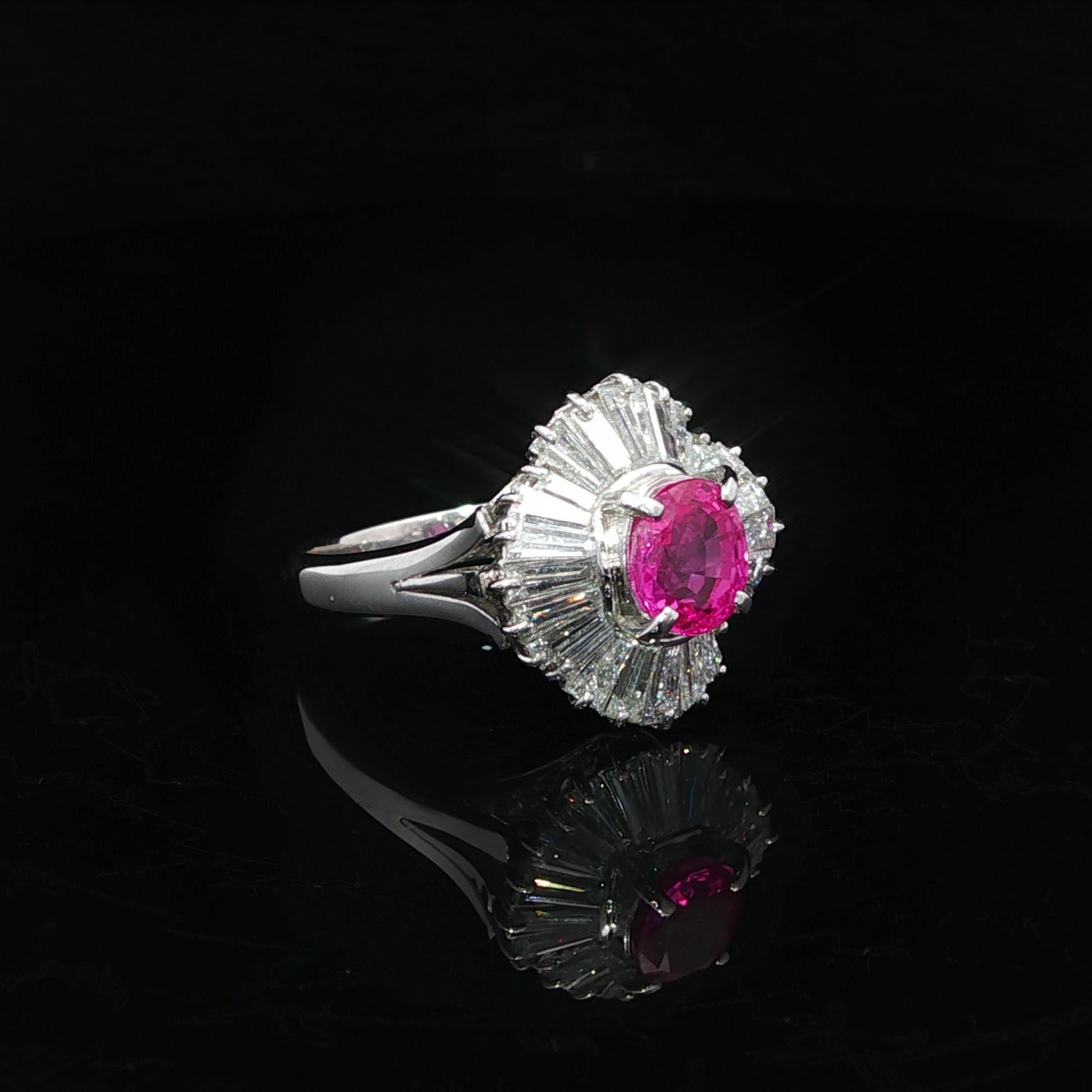 Platinum GIA 2.91ctw Burma Vivid Pink Sapphire Diamond Wavy Ballerina Ring For Sale 4