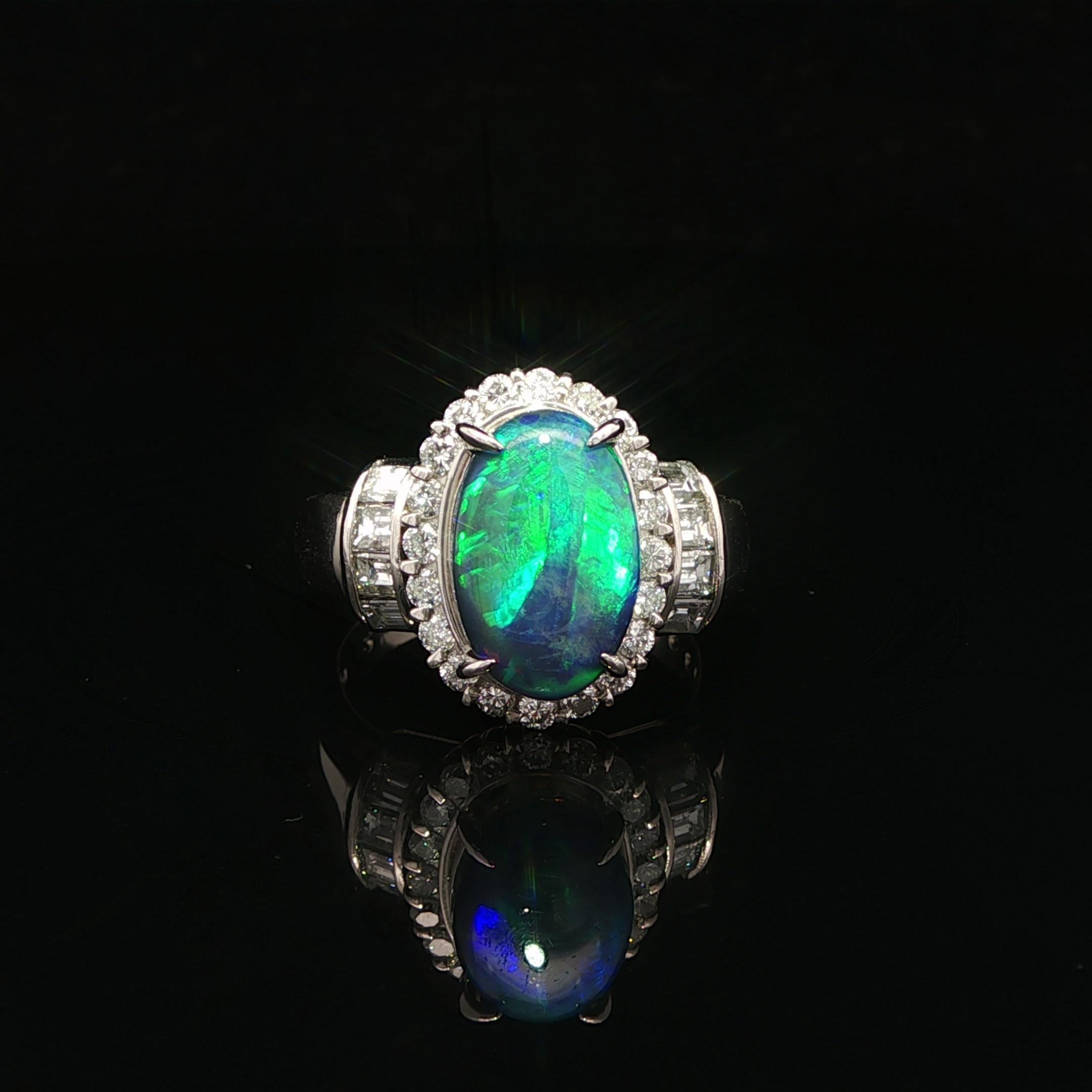 Bague en platine GIA 2.93ctw Oval Cabochon Black Opal W/ Diamond Halo & Sides Ring en vente 12