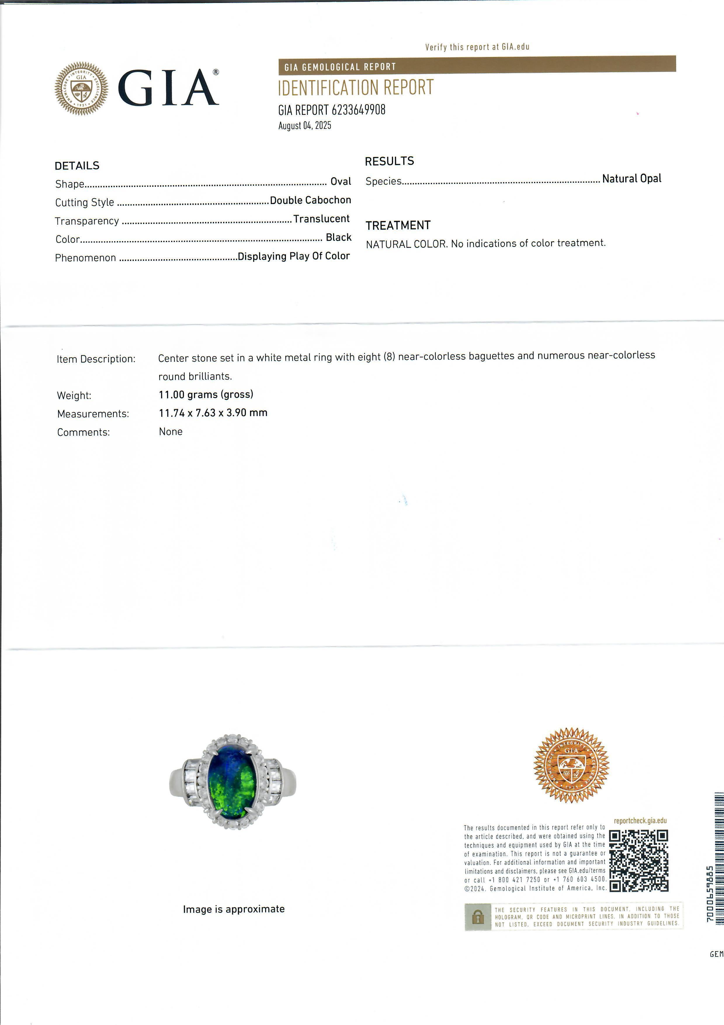 Bague en platine GIA 2.93ctw Oval Cabochon Black Opal W/ Diamond Halo & Sides Ring en vente 3