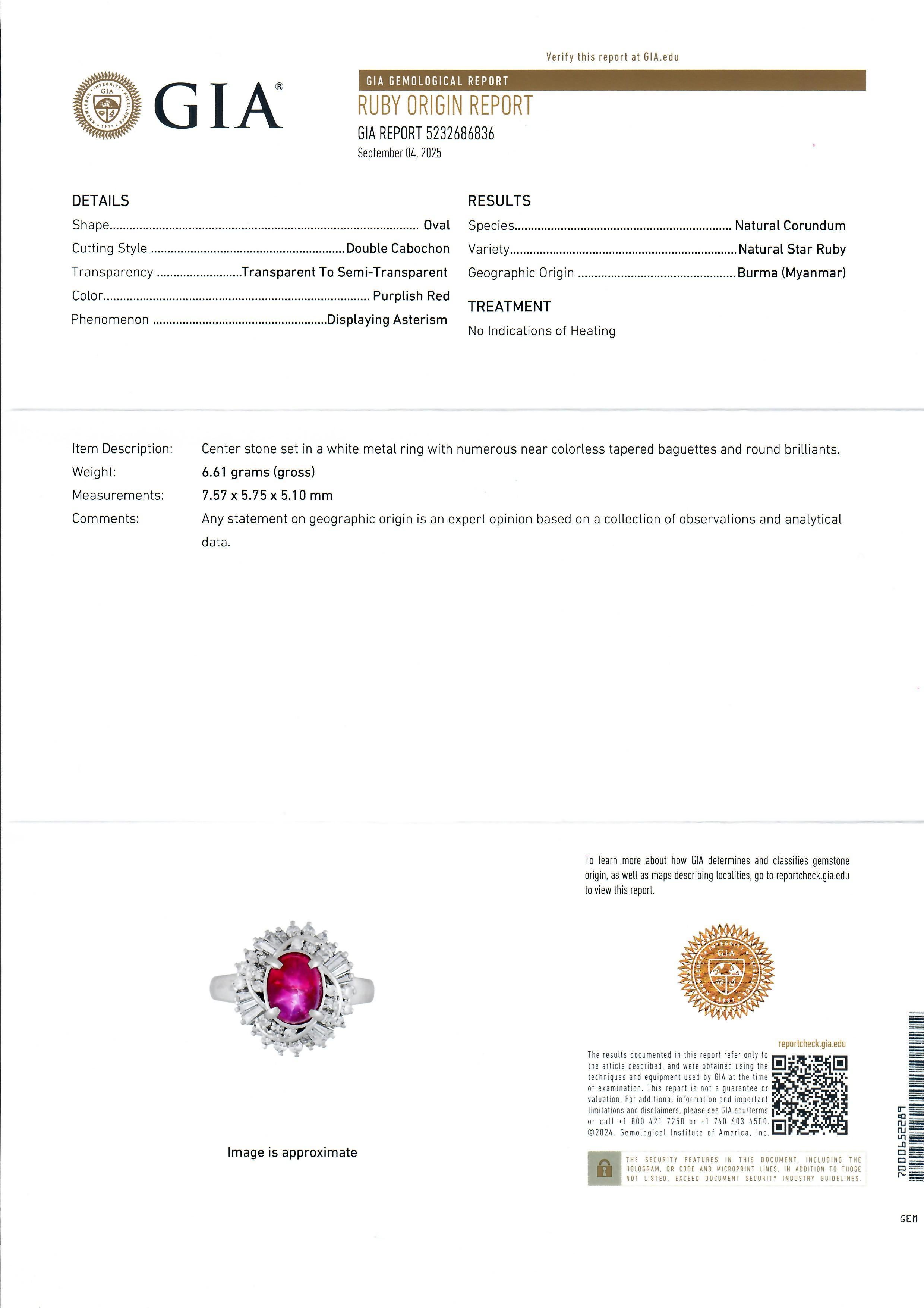 Platino GIA 2,98ct Burma No Heat Star Ruby con vortice di diamanti Mini Ballerina Ring in vendita 12