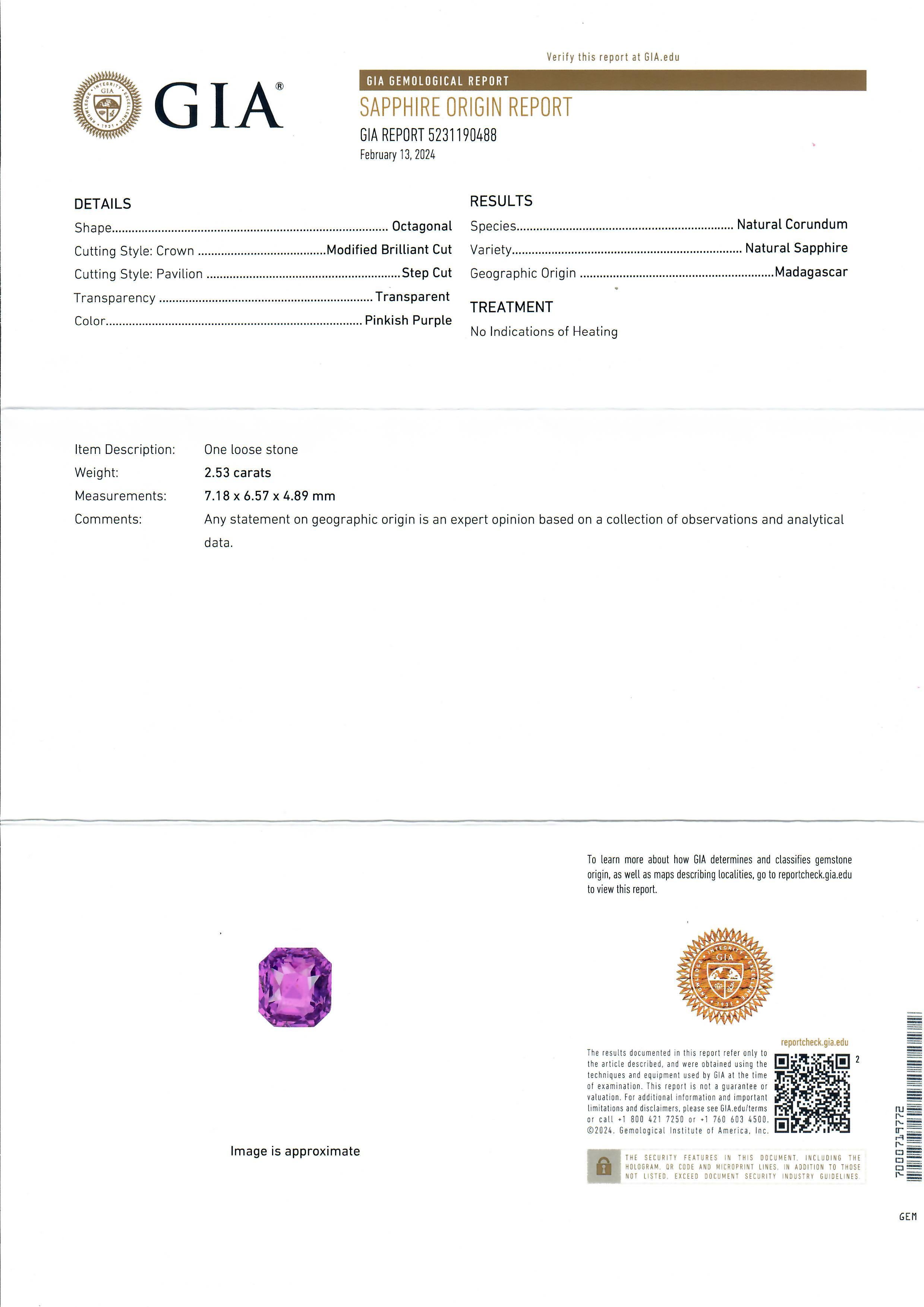 Bague en platine GIA 3.03ct No Heat Vivid Pinkish Purple Sapphire w/ Diamond Shank Ring en vente 15