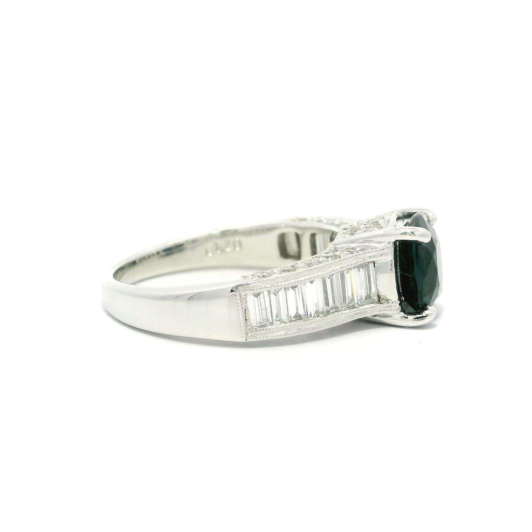 Platinum GIA 3.15ctw Dark Blue Cushion Spinel Baguette Diamond Sides Ring en venta 11