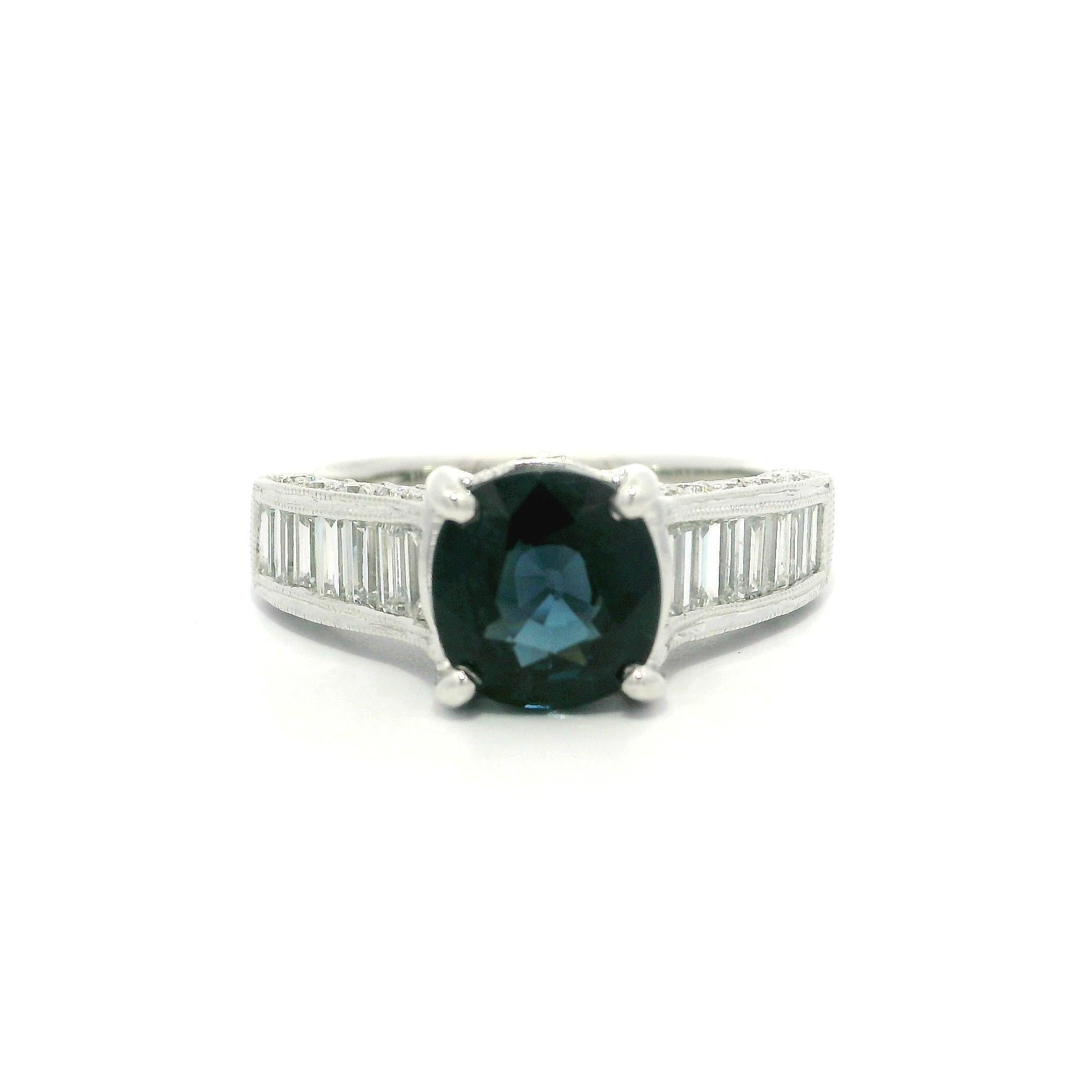 Platinum GIA 3.15ctw Dark Blue Cushion Spinel Baguette Diamond Sides Ring
