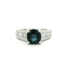 Platinum GIA 3.15ctw Dark Blue Cushion Spinel Baguette Diamond Sides Ring