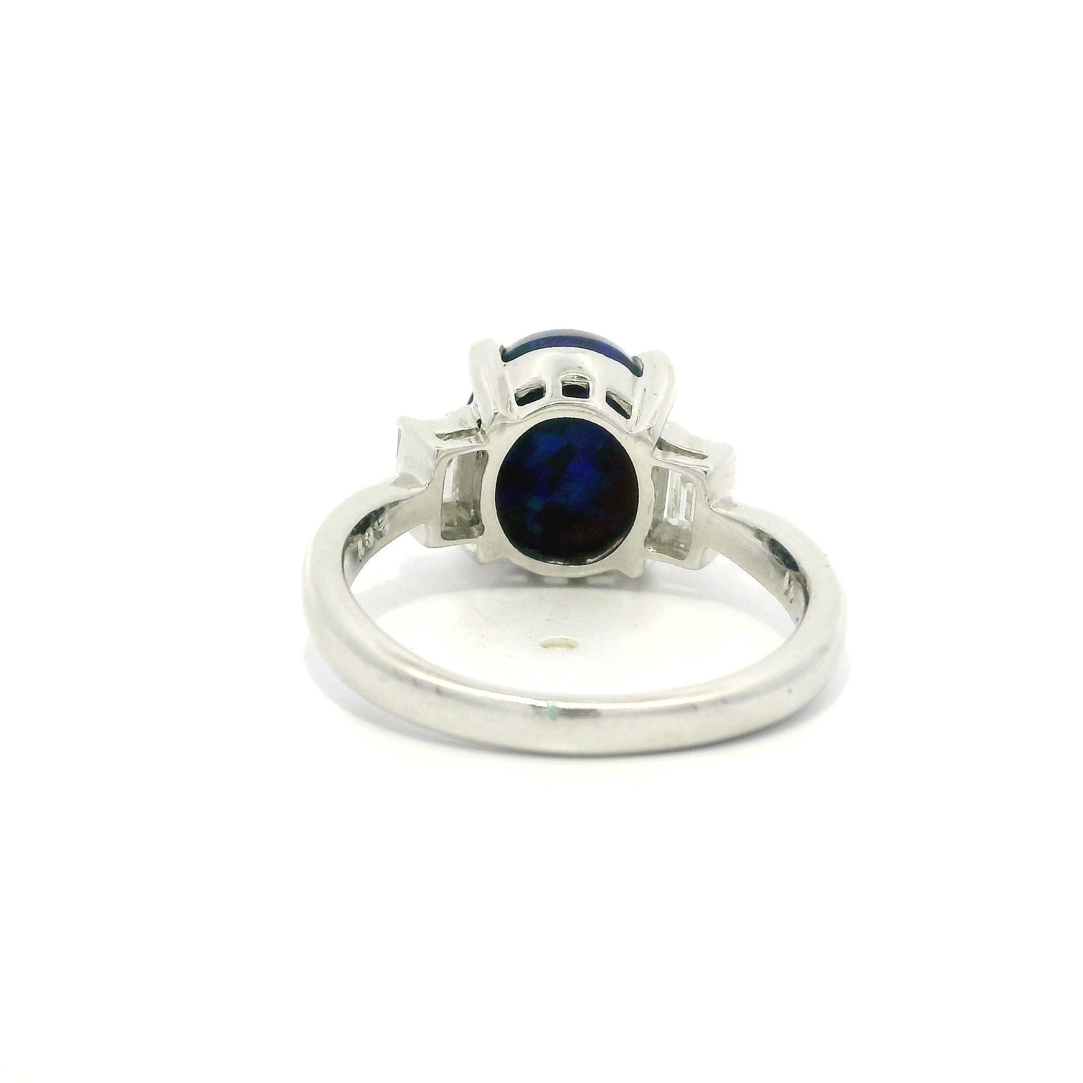 Platinum GIA 3.22ctw Blue Green Black Opal & Baguette Diamond Sides Classic Ring im Angebot 6