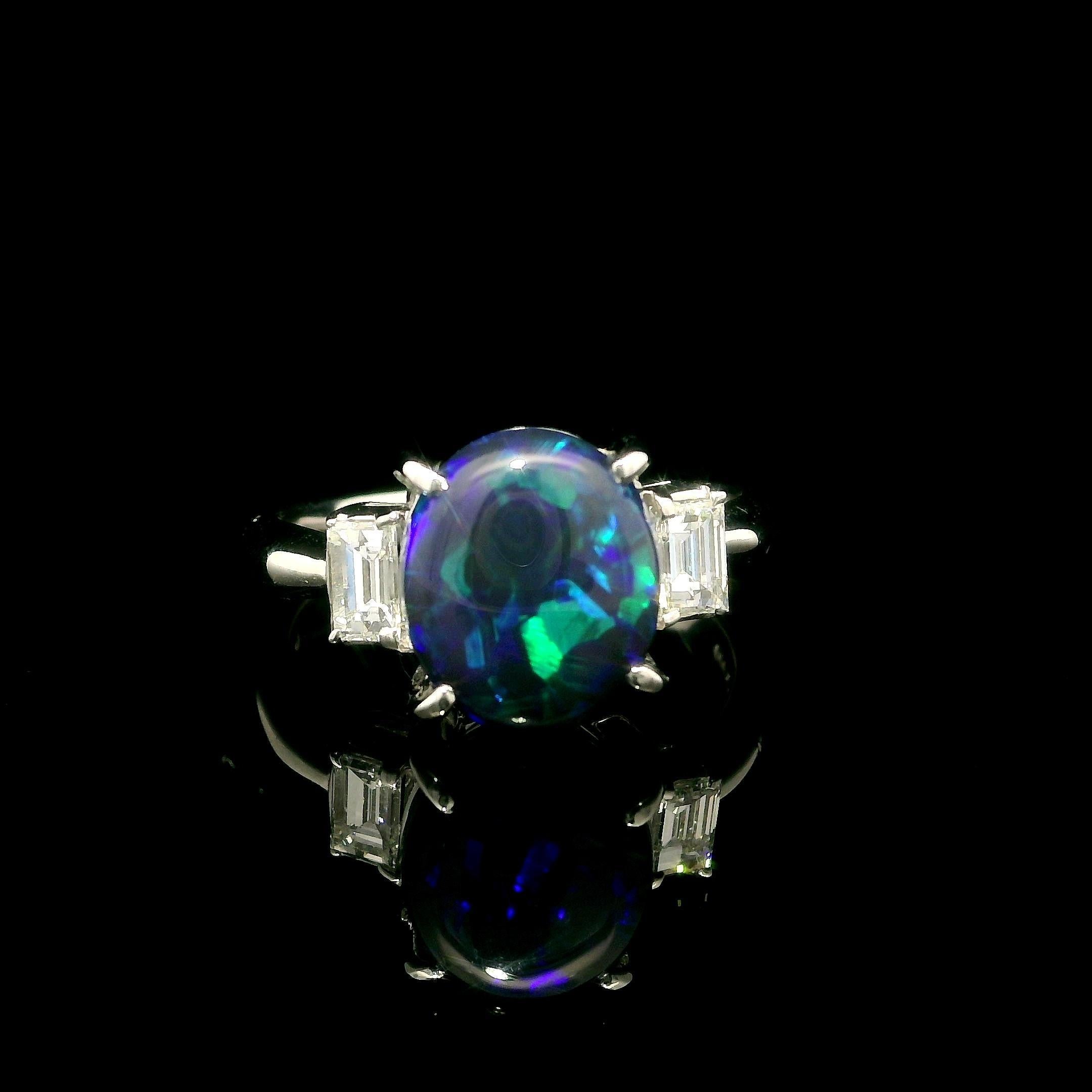 Platinum GIA 3.22ctw Blue Green Black Opal & Baguette Diamond Sides Classic Ring im Angebot 9