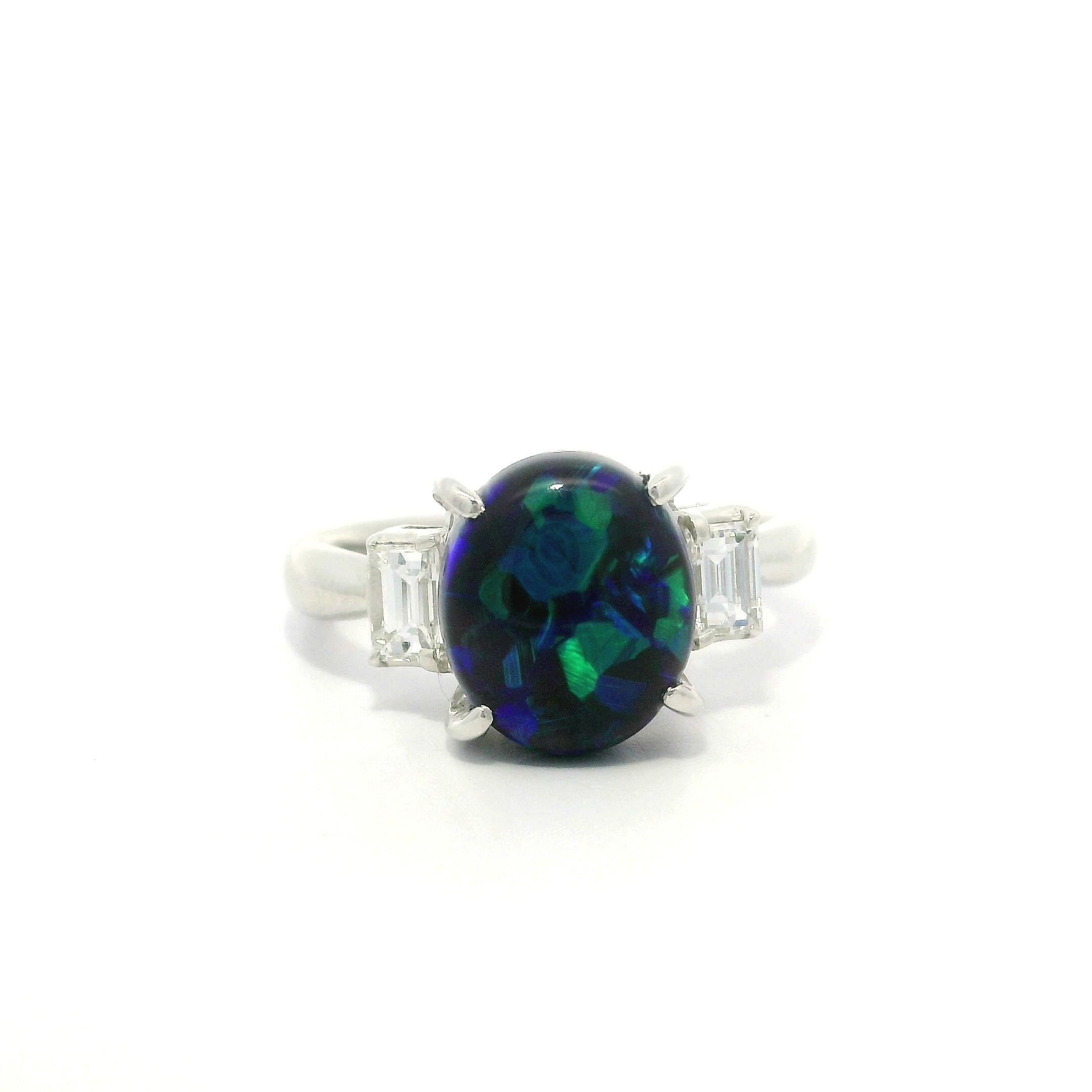 Platinum GIA 3.22ctw Blue Green Black Opal & Baguette Diamond Sides Classic Ring im Angebot 10