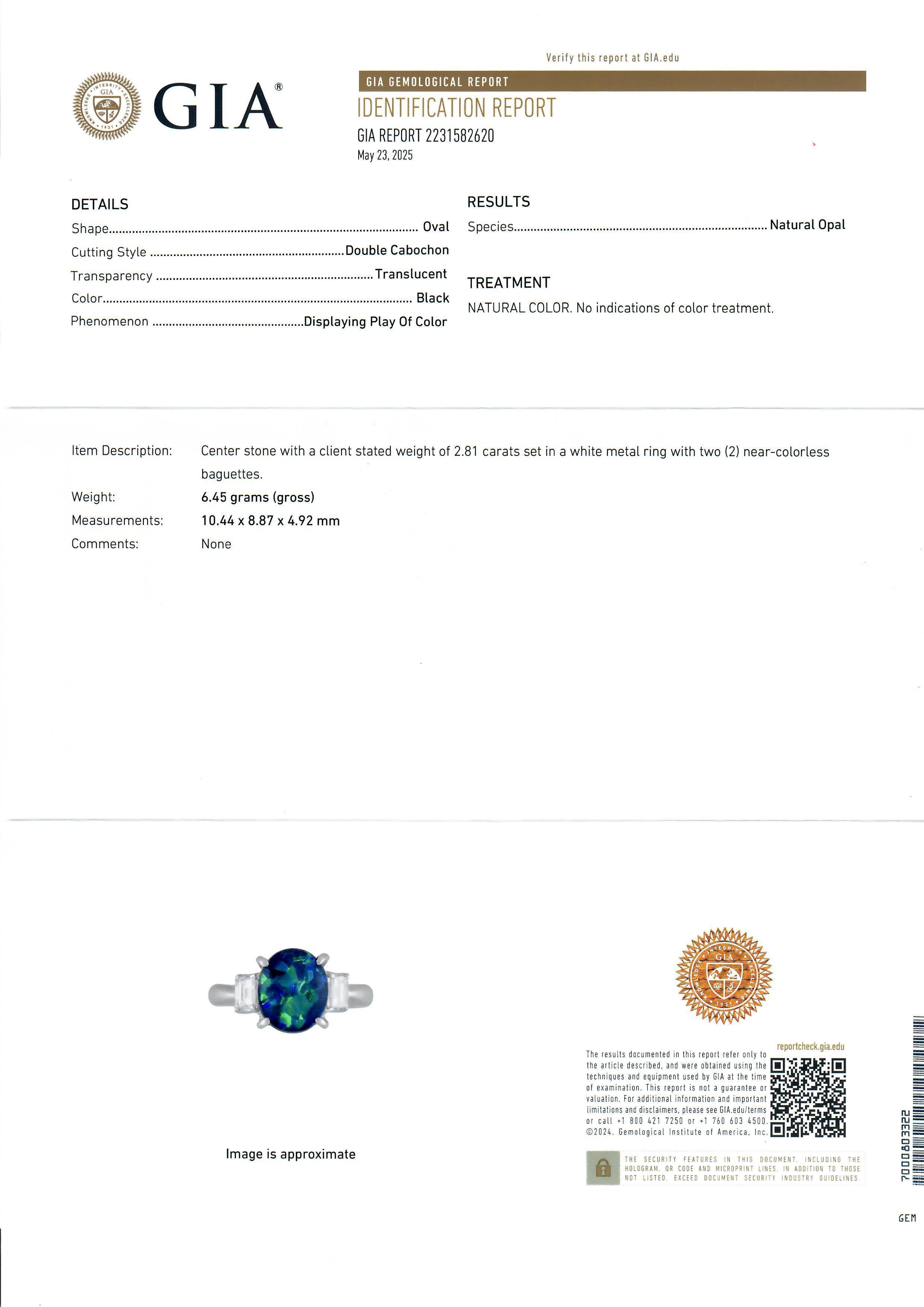 Platinum GIA 3.22ctw Blue Green Black Opal & Baguette Diamond Sides Classic Ring im Angebot 1