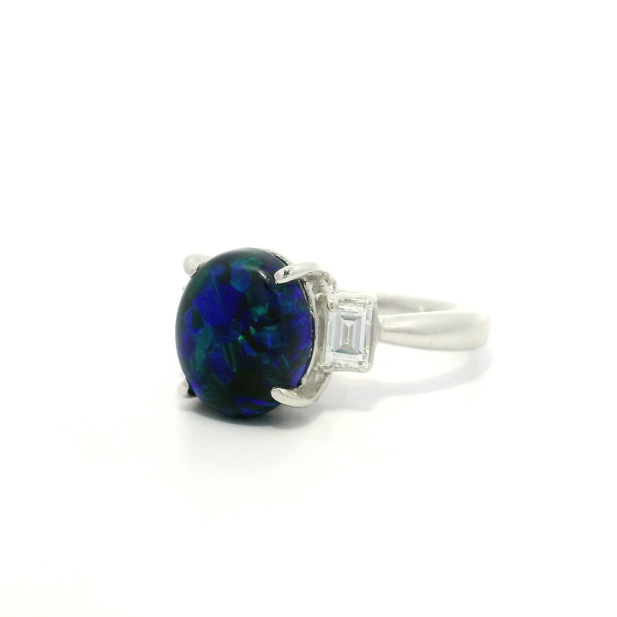 Platinum GIA 3.22ctw Blue Green Black Opal & Baguette Diamond Sides Classic Ring im Angebot 4