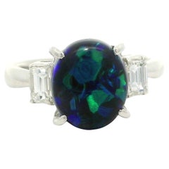 Platinum GIA 3.22ctw Blue Green Black Opal & Baguette Diamond Sides Classic Ring
