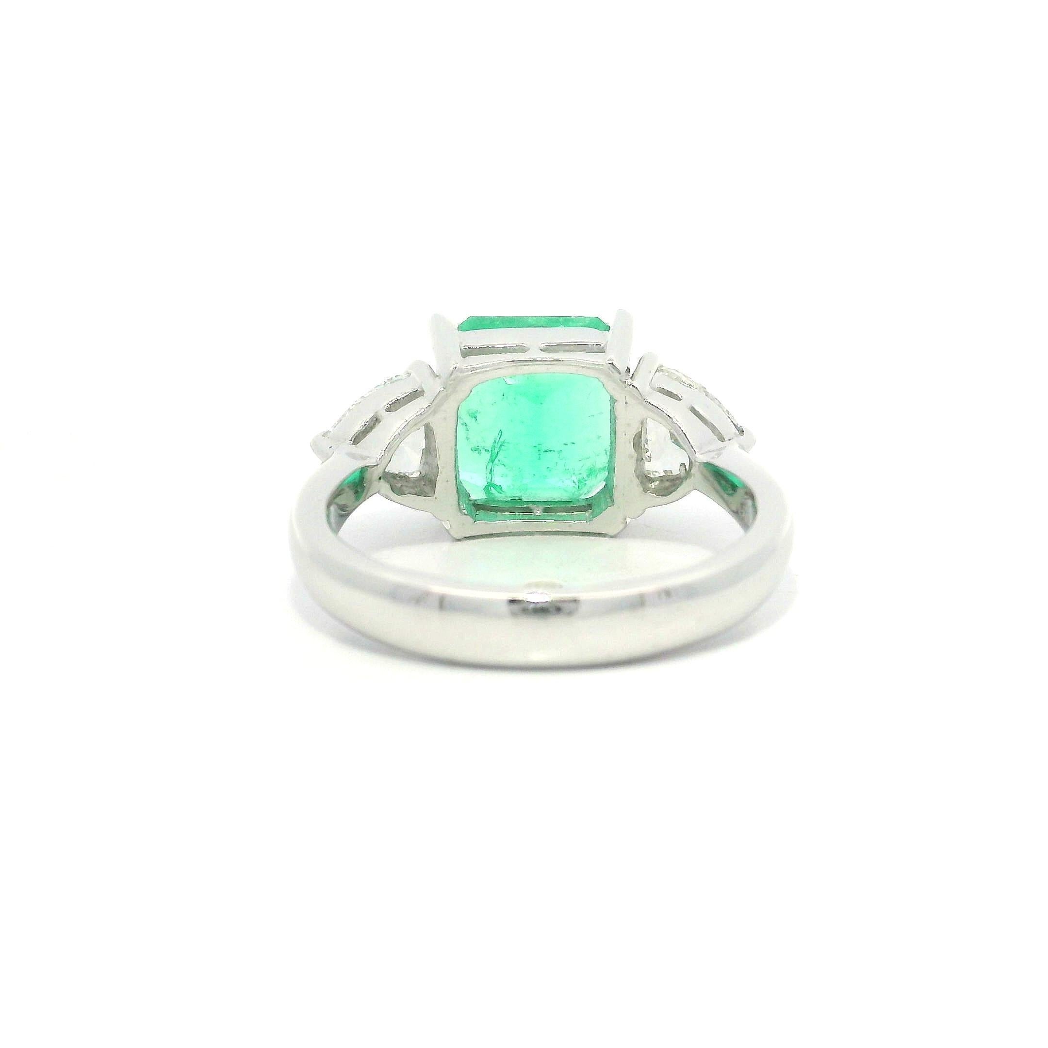 Platinum GIA 3.32ctw Octagonal Colombian Emerald w/ Trillion Diamond Sides Ring 3