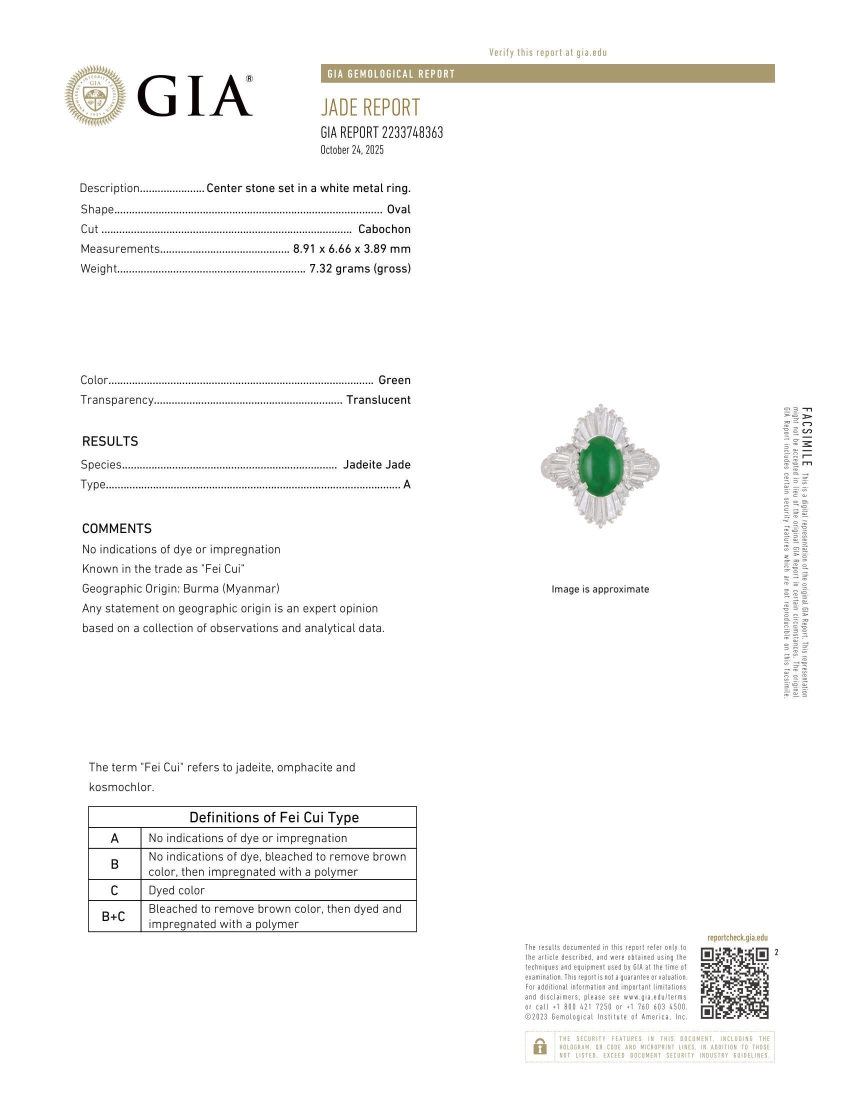 --Pietre: --
(1) Vera giada naturale - 100% giada naturale A - taglio cabochon ovale - incastonato - colore verde - Birmania - 8,91 x 6,66 x 3,89 mm - 1,88ct (circa)
** Vedere i dettagli della certificazione qui sotto per informazioni