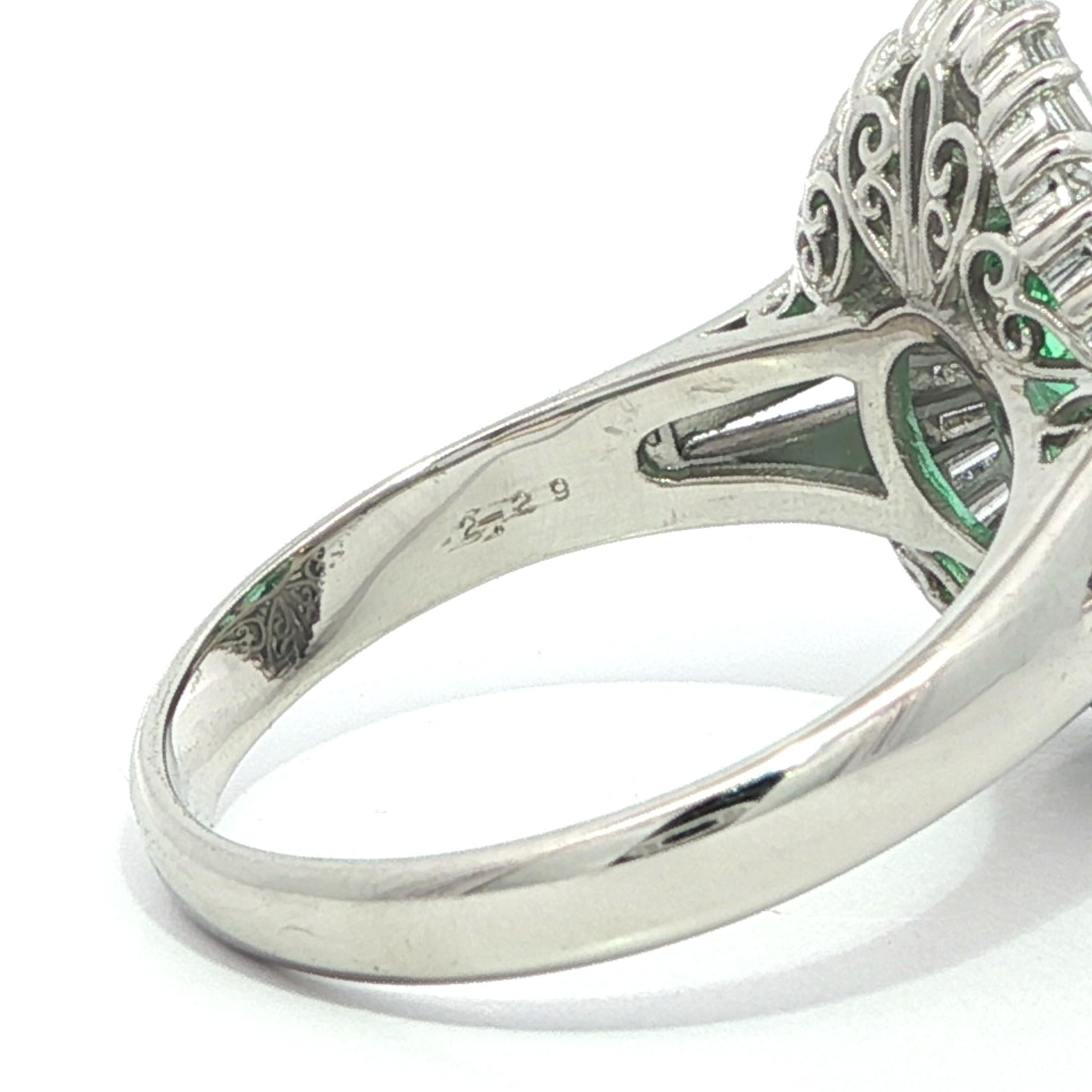 Platinum GIA 3.51ctw Clean Bright Colombian Emerald Wavy Diamond Ballerina Ring For Sale 5