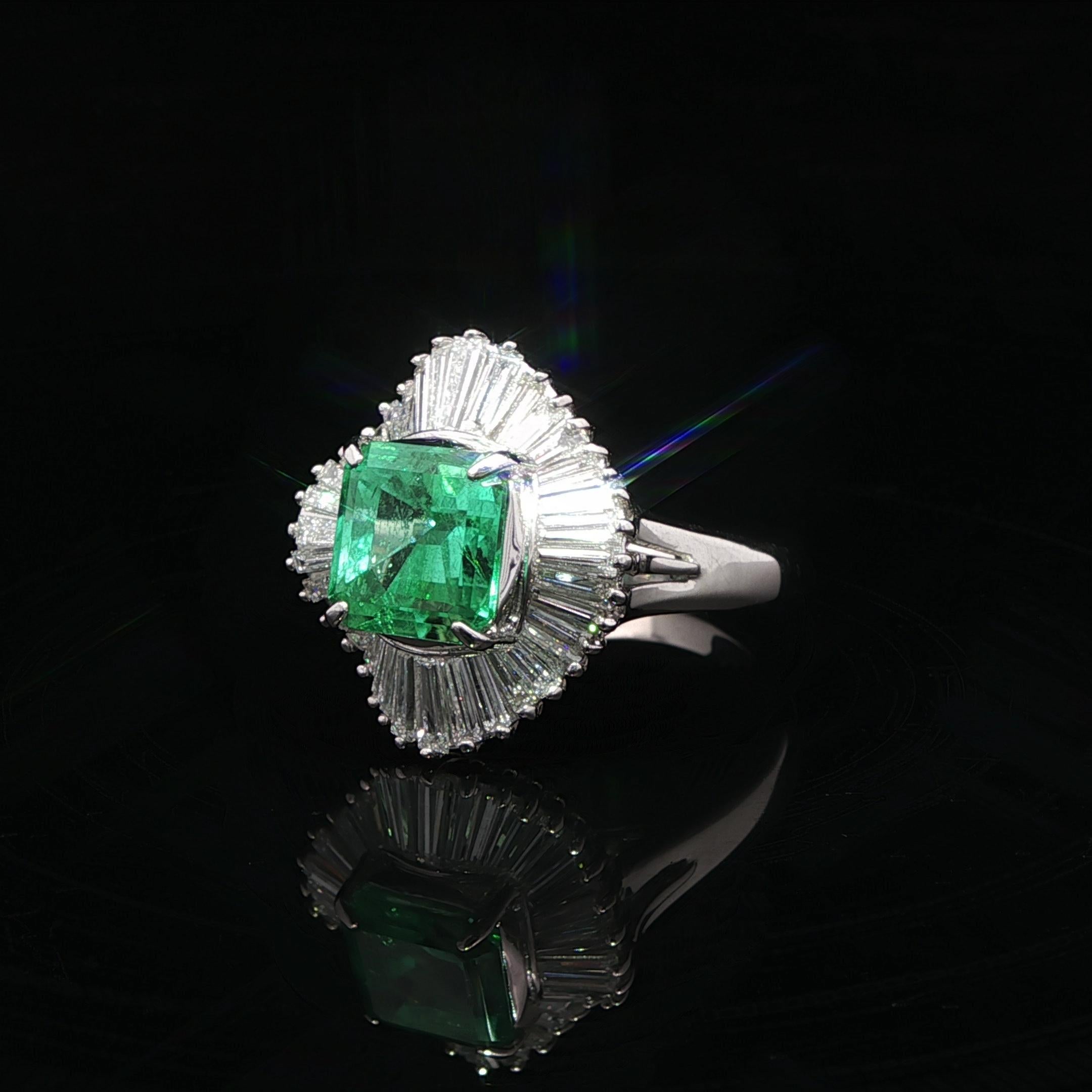 Platinum GIA 3.51ctw Clean Bright Colombian Emerald Wavy Diamond Ballerina Ring For Sale 9