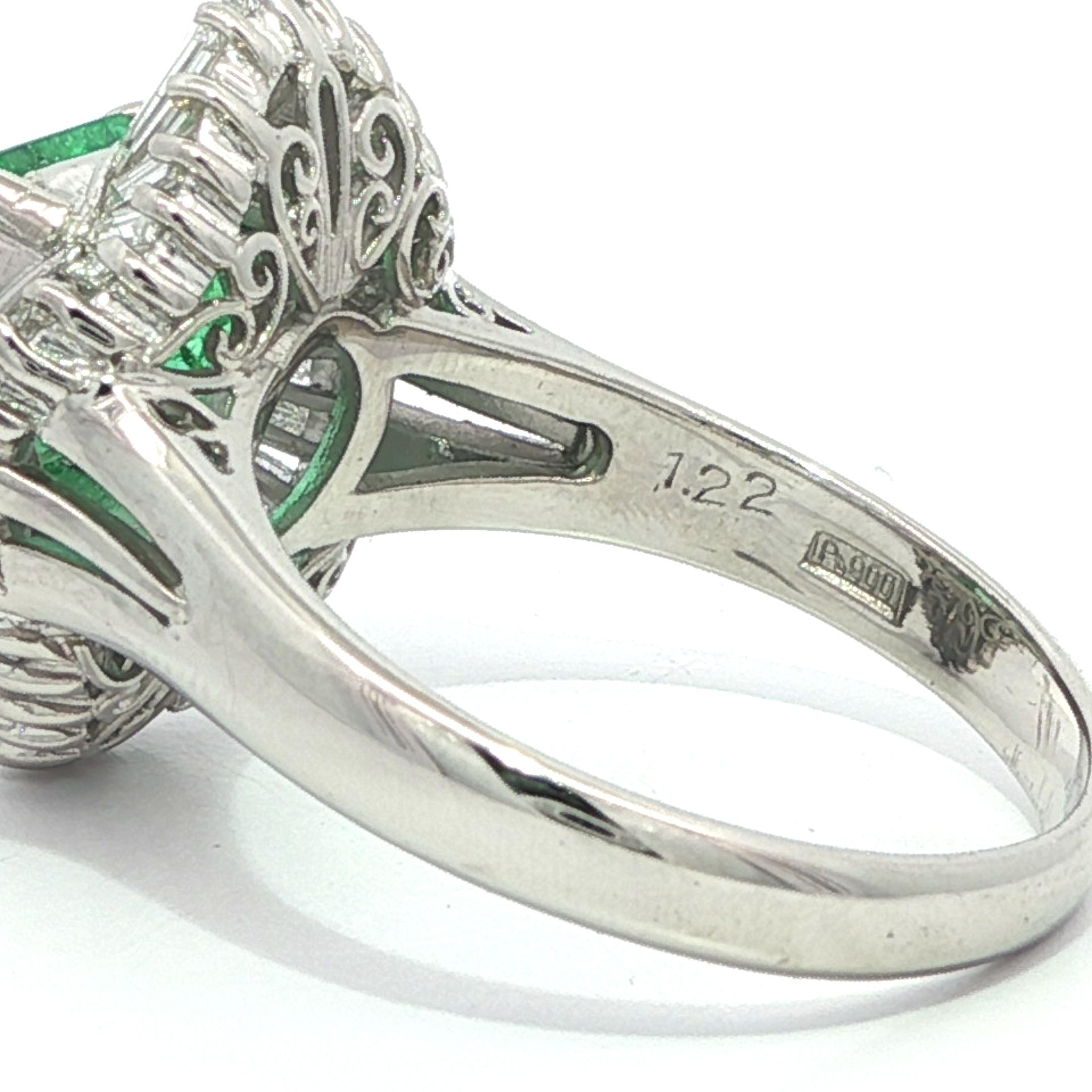 Platinum GIA 3.51ctw Clean Bright Colombian Emerald Wavy Diamond Ballerina Ring For Sale 4