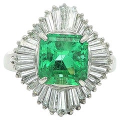 Platinum GIA 3.51ctw Clean Bright Colombian Emerald Wavy Diamond Ballerina Ring