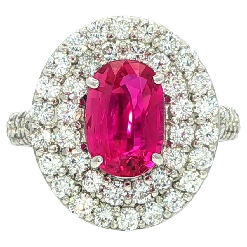 Platin GIA 3,52ct lange ovale keine Hitze Rubin w / Dual Halo Diamond Platter Ring