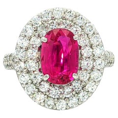 Platin GIA 3,52ct lange ovale keine Hitze Rubin w / Dual Halo Diamond Platter Ring