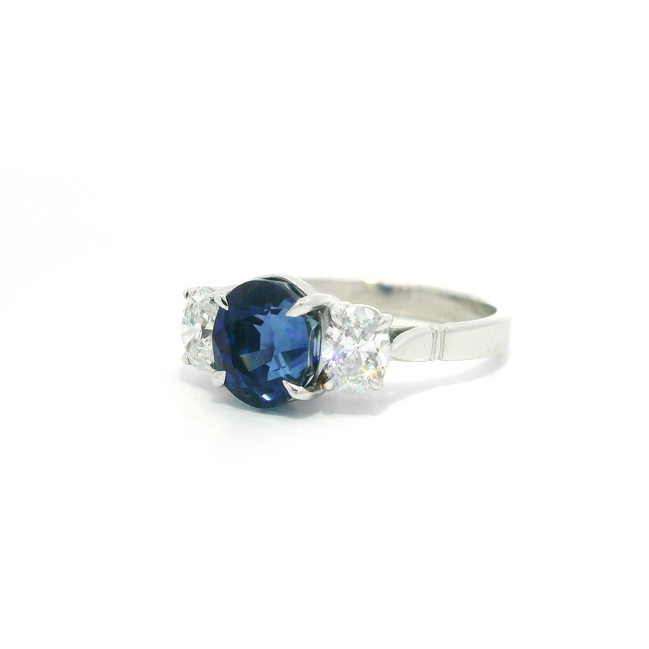 Platinum GIA 3.5ctw No Heat Royal Blue Burma Sapphire & Oval Diamond Ring For Sale 5