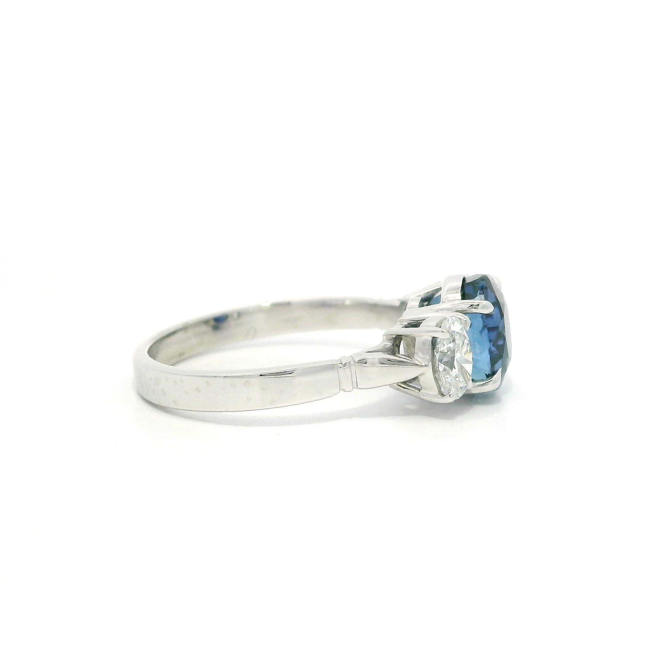 Women's Platinum GIA 3.5ctw No Heat Royal Blue Burma Sapphire & Oval Diamond Ring For Sale