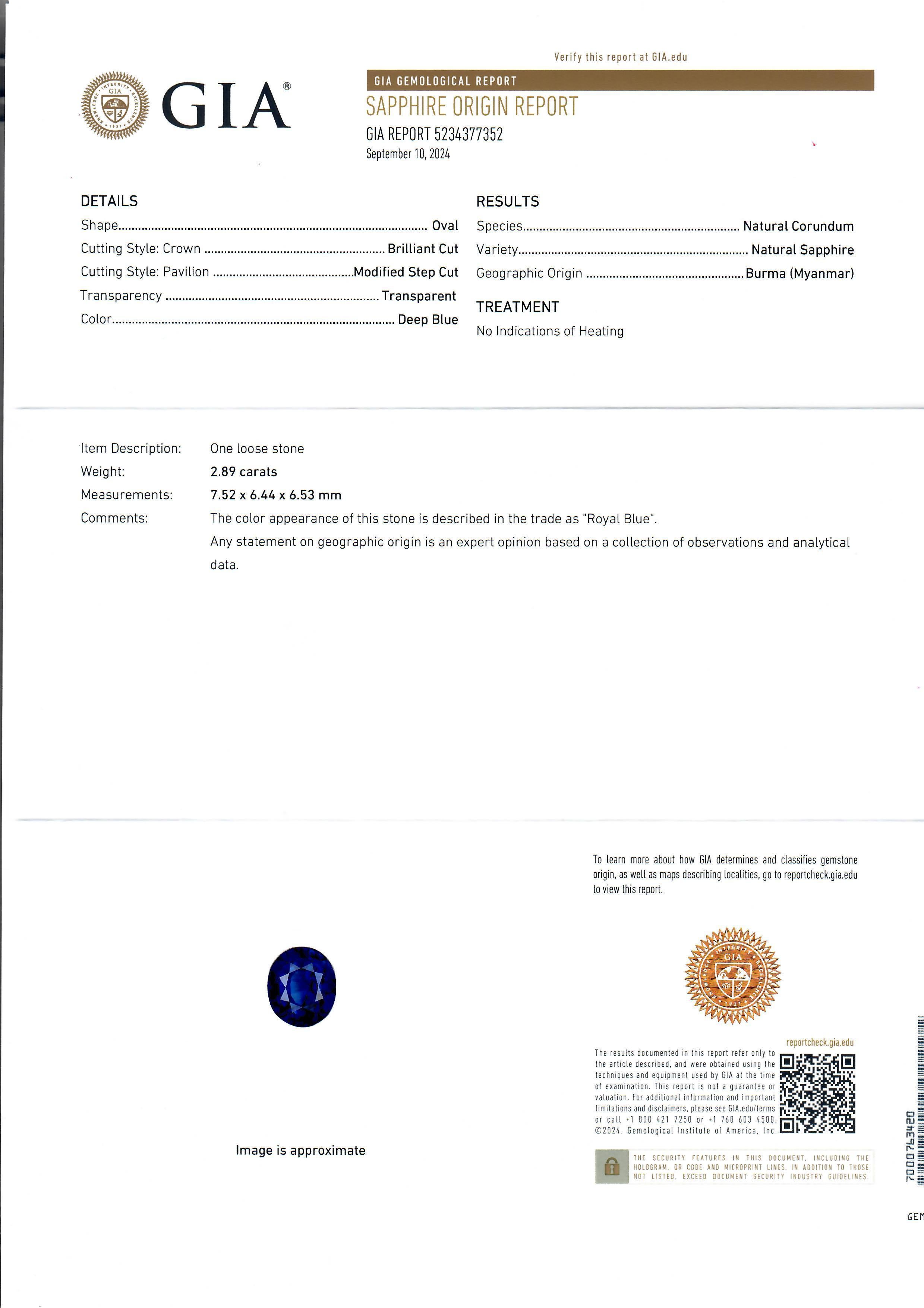 Platinum GIA 3.5ctw No Heat Royal Blue Burma Sapphire & Oval Diamond Ring For Sale 3