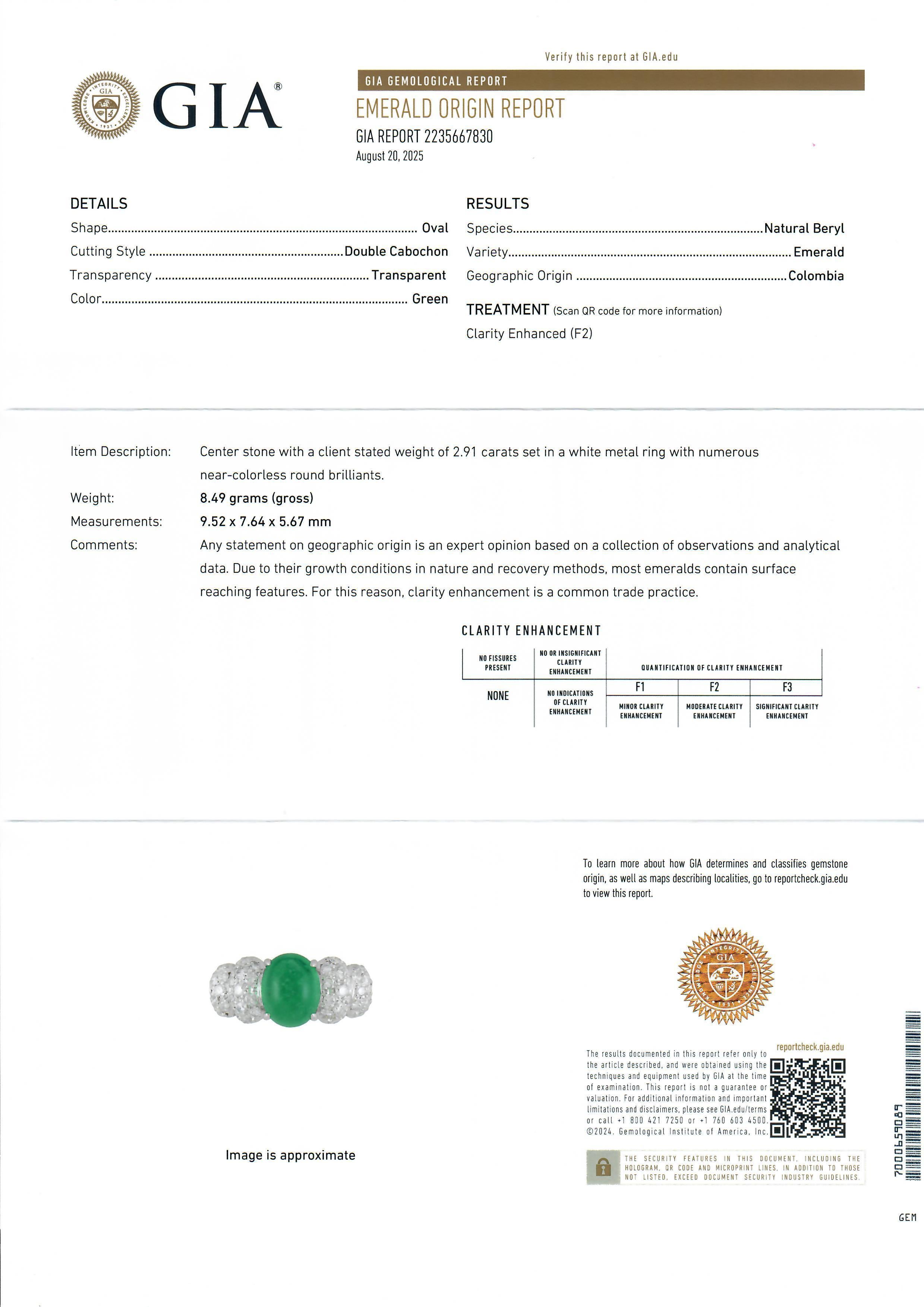 Platin GIA 3,66ctw Cabochon kolumbianischen Smaragd & Diamond Bubble Sides Ring im Angebot 8