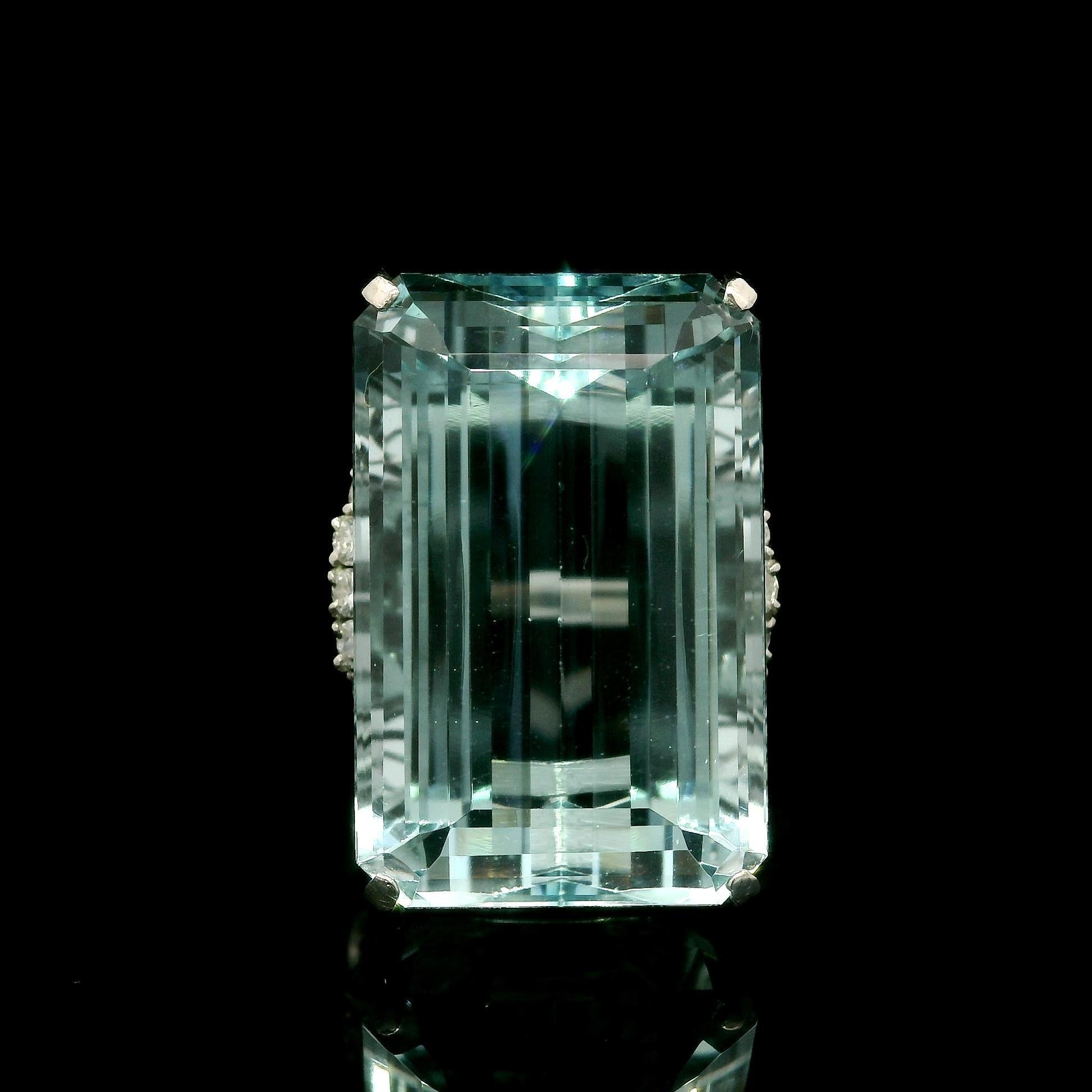 Platinum GIA 36.91ctw Elongated Emerald Beautiful Aquamarine & Diamond Ring For Sale 6
