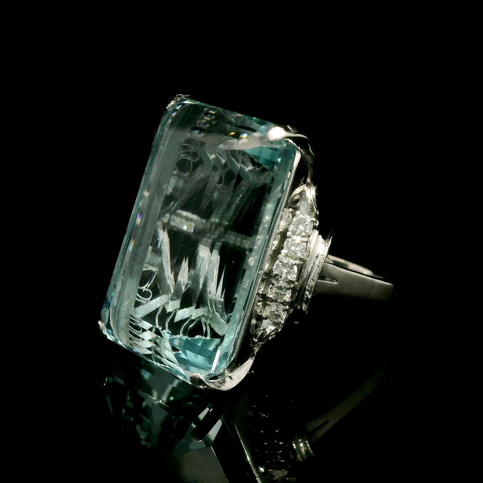 Platinum GIA 36.91ctw Elongated Emerald Beautiful Aquamarine & Diamond Ring For Sale 7