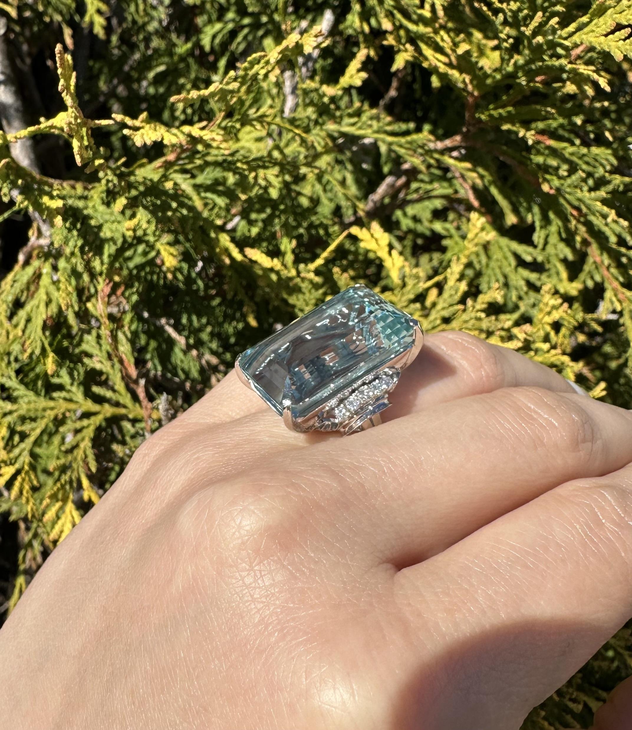 Emerald Cut Platinum GIA 36.91ctw Elongated Emerald Beautiful Aquamarine & Diamond Ring For Sale
