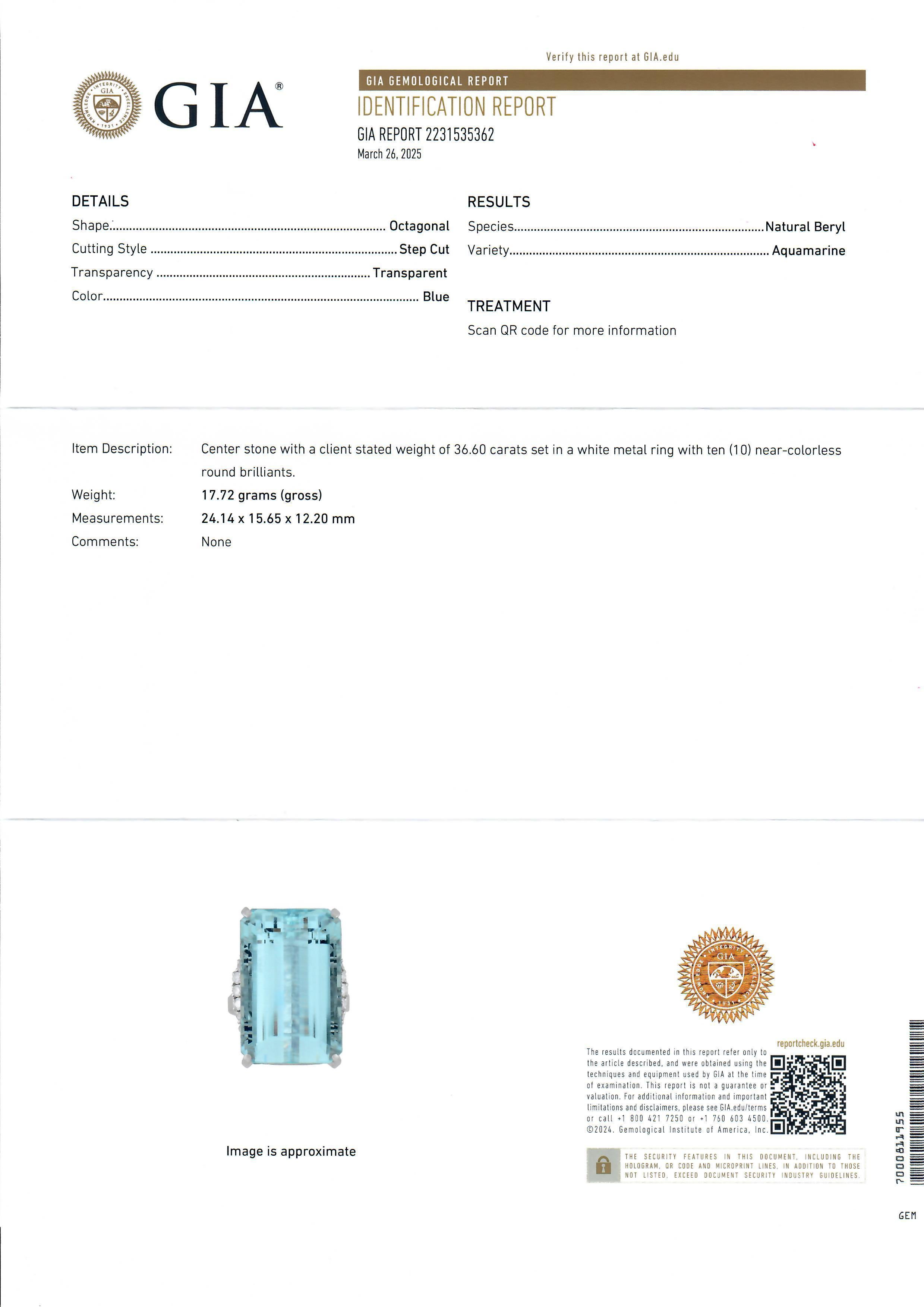 Platinum GIA 36.91ctw Elongated Emerald Beautiful Aquamarine & Diamond Ring For Sale 3