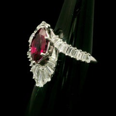 Platinum GIA 3.70ctw High Quality No Heat Marquise Ruby & Baguette Diamond Ring