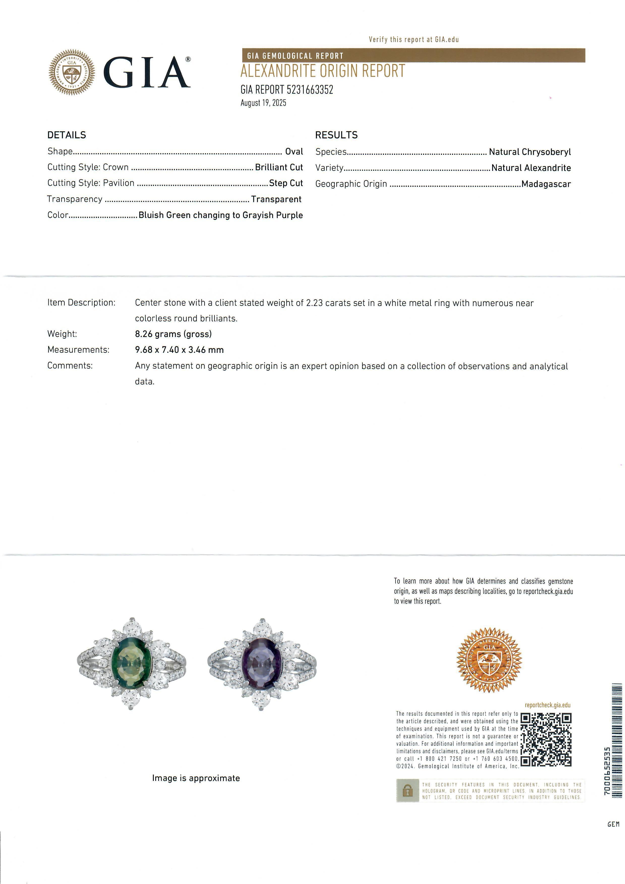 Platinum GIA 3.73ctw Color Change Green to Purple Alexandrite Diamond Ring For Sale 9