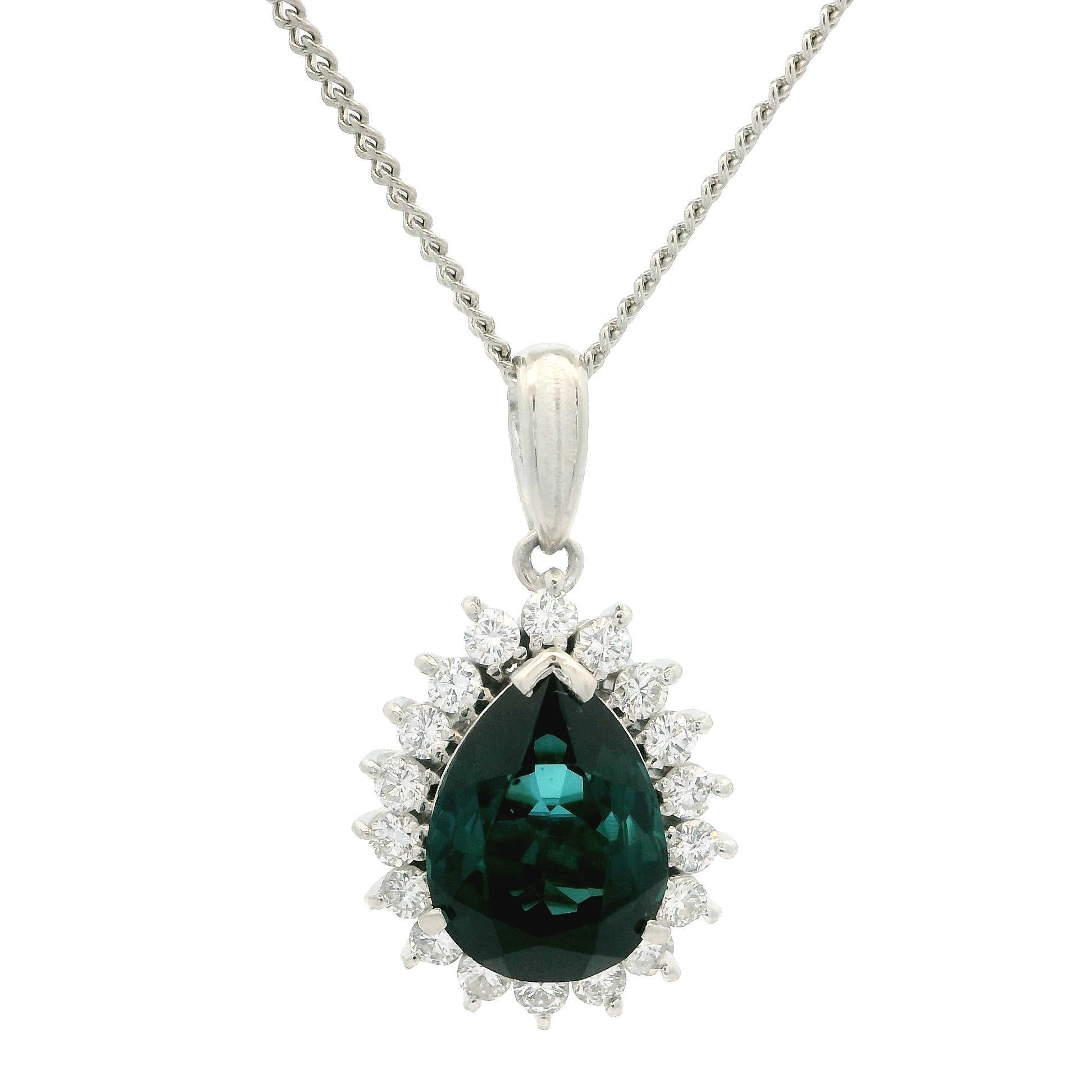 Platinum GIA 3.74ctw Bluish Green Pear Tourmaline Diamond Halo Pendant Necklace For Sale 6