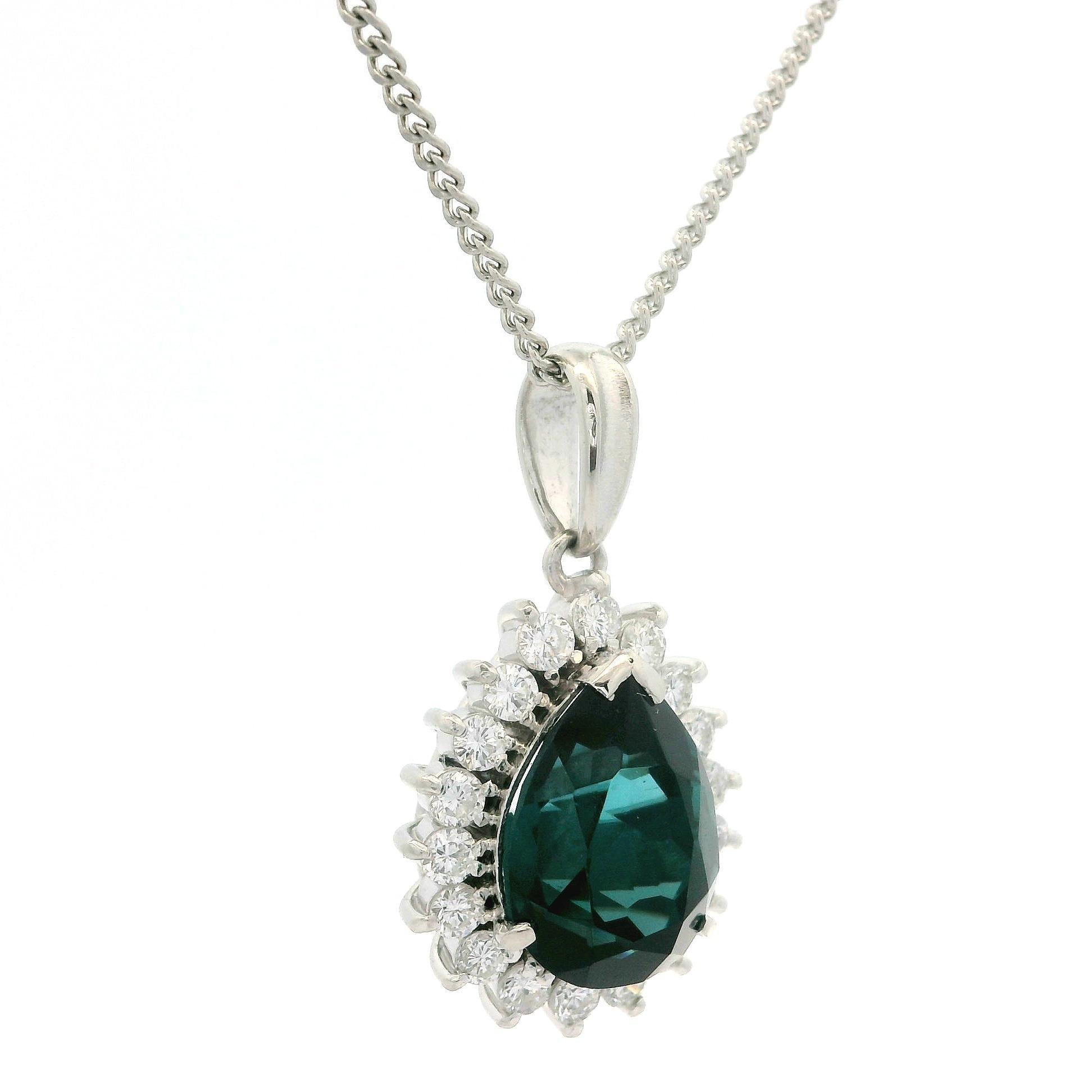Platinum GIA 3.74ctw Bluish Green Pear Tourmaline Diamond Halo Pendant Necklace For Sale 7