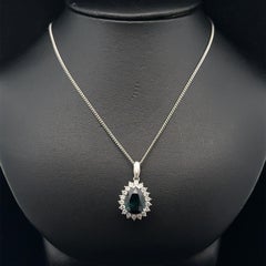 Platinum GIA 3.74ctw Bluish Green Pear Tourmaline Diamond Halo Pendant Necklace