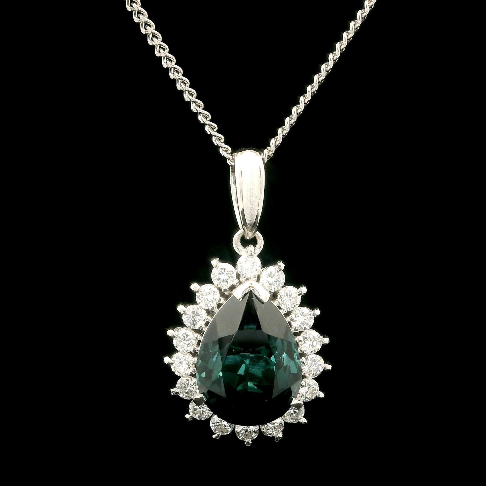 Brilliant Cut Platinum GIA 3.74ctw Bluish Green Pear Tourmaline Diamond Halo Pendant Necklace For Sale