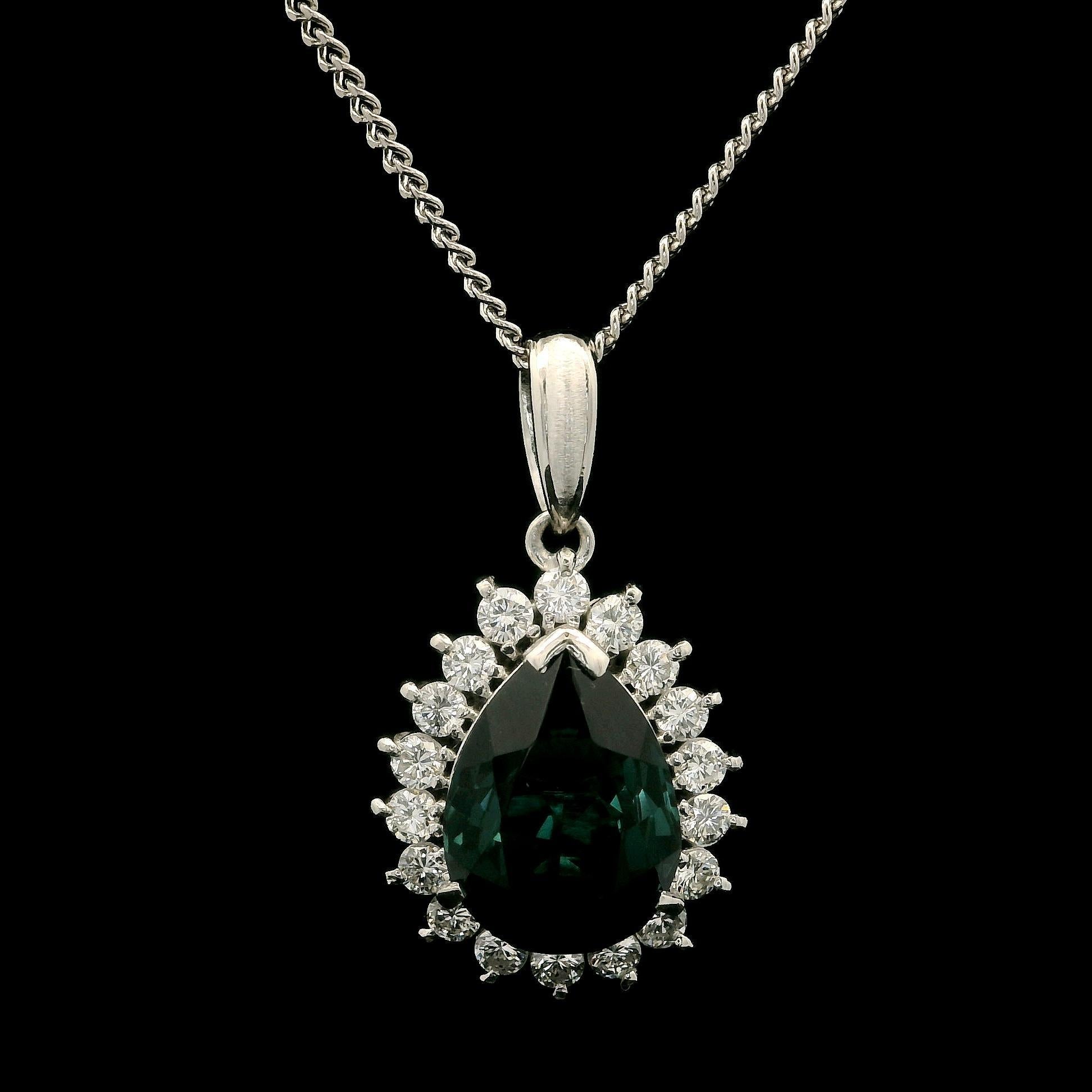 Platinum GIA 3.74ctw Bluish Green Pear Tourmaline Diamond Halo Pendant Necklace In Excellent Condition For Sale In Montclair, NJ
