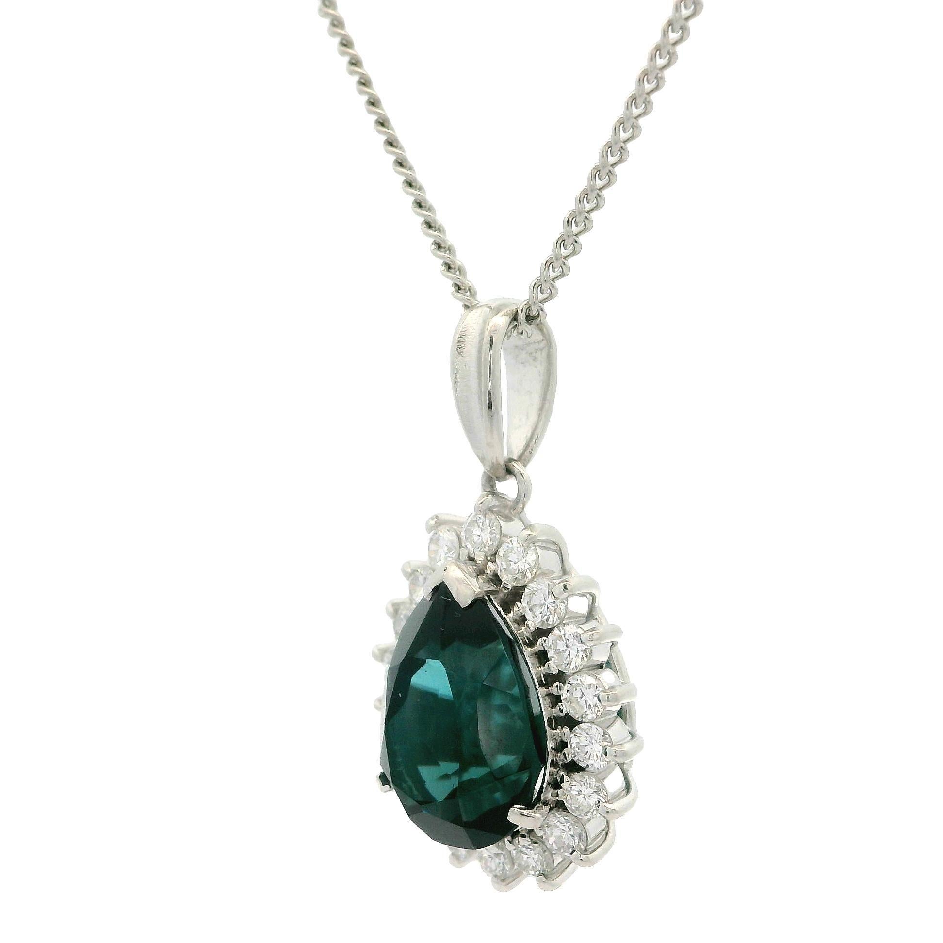 Platinum GIA 3.74ctw Bluish Green Pear Tourmaline Diamond Halo Pendant Necklace For Sale 1