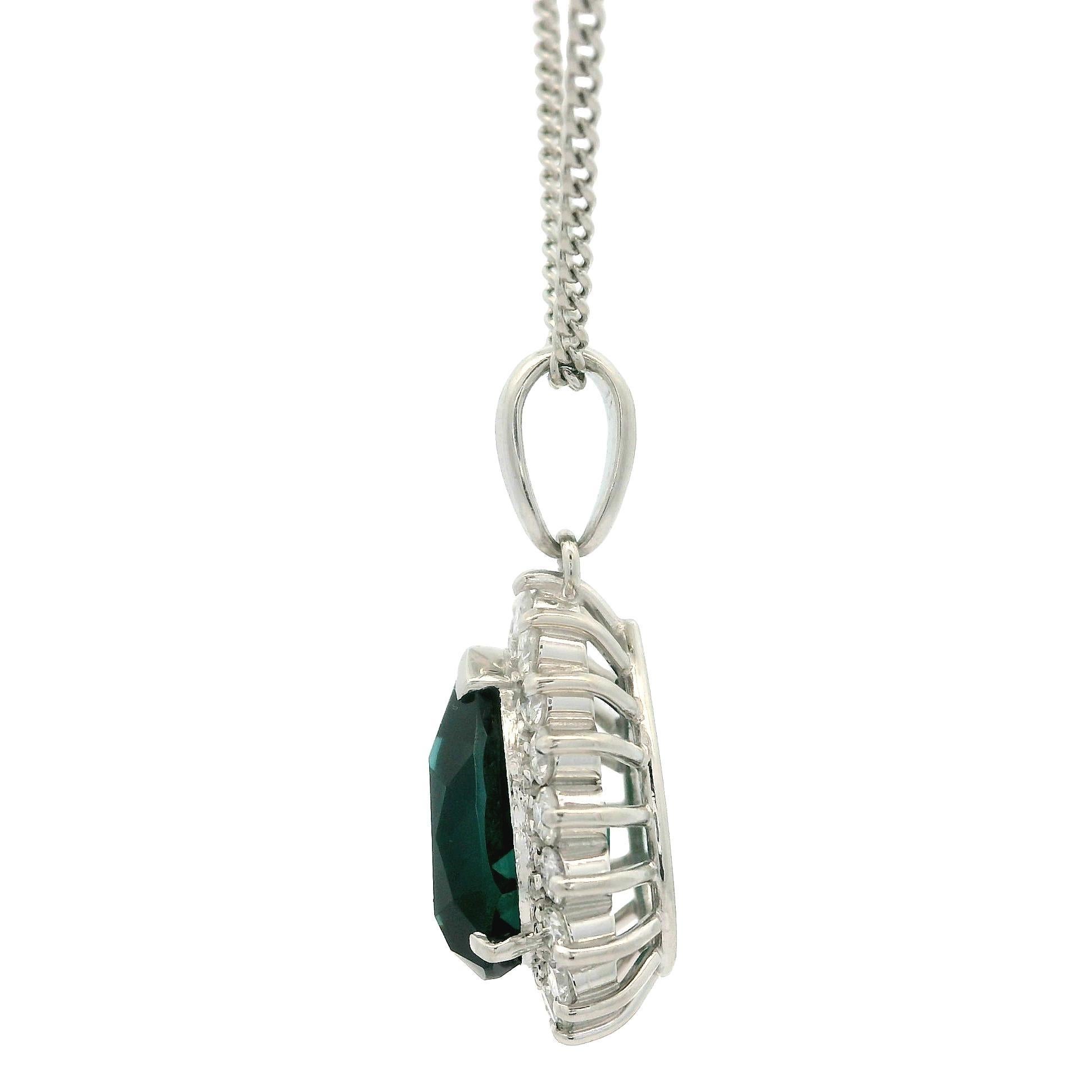 Platinum GIA 3.74ctw Bluish Green Pear Tourmaline Diamond Halo Pendant Necklace For Sale 2