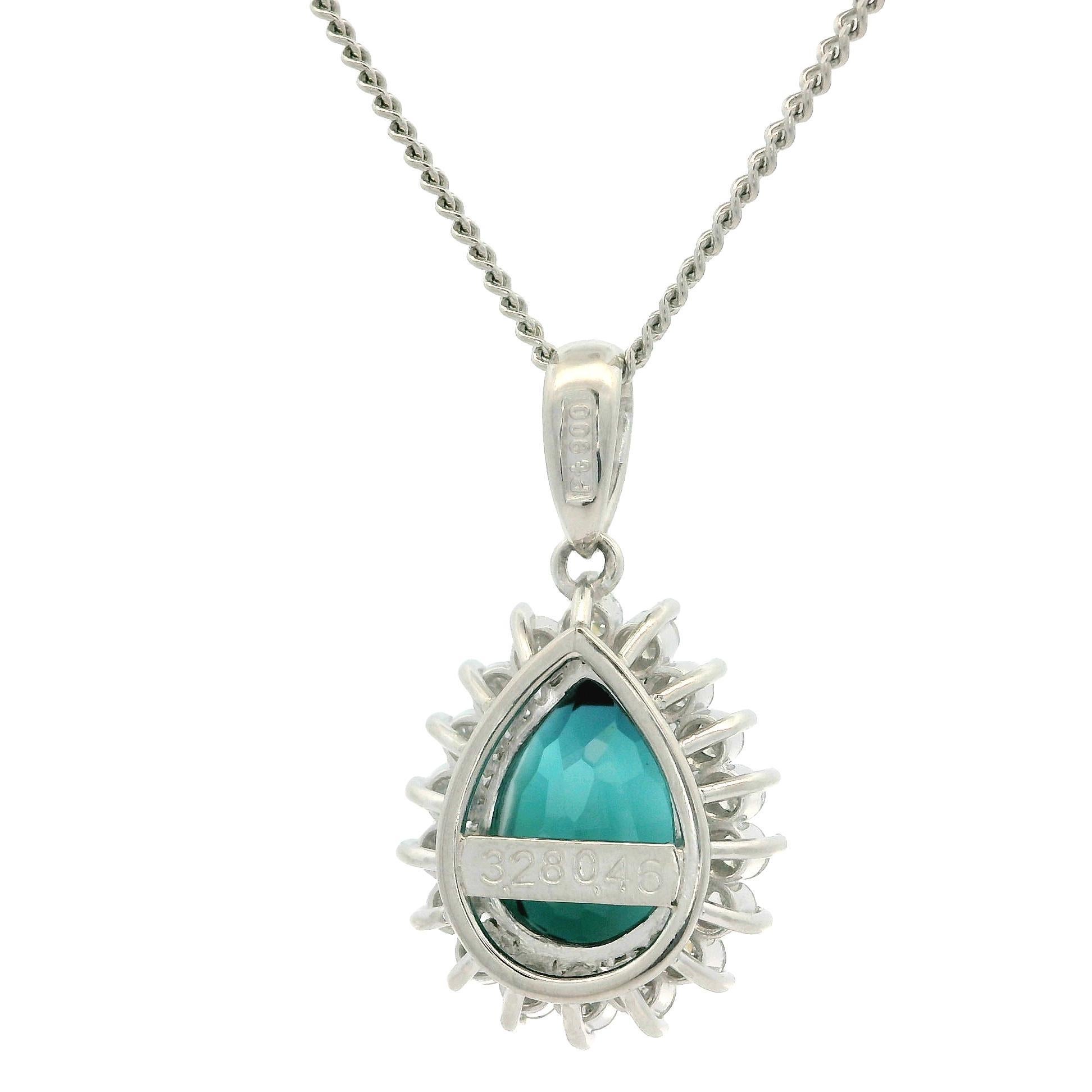 Platinum GIA 3.74ctw Bluish Green Pear Tourmaline Diamond Halo Pendant Necklace For Sale 3